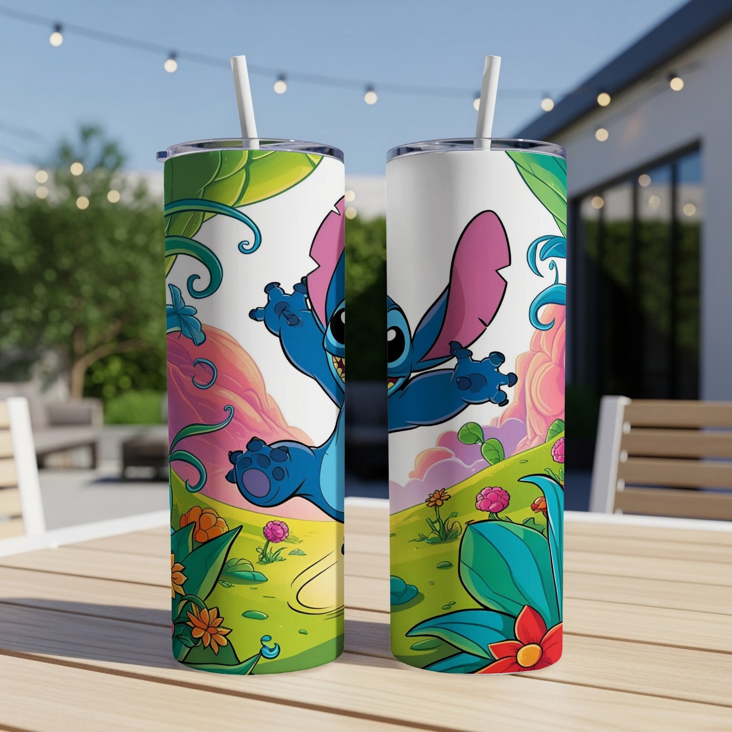 Stitch in flight, surrounded by colorful plants and flowers, on a white tumbler.