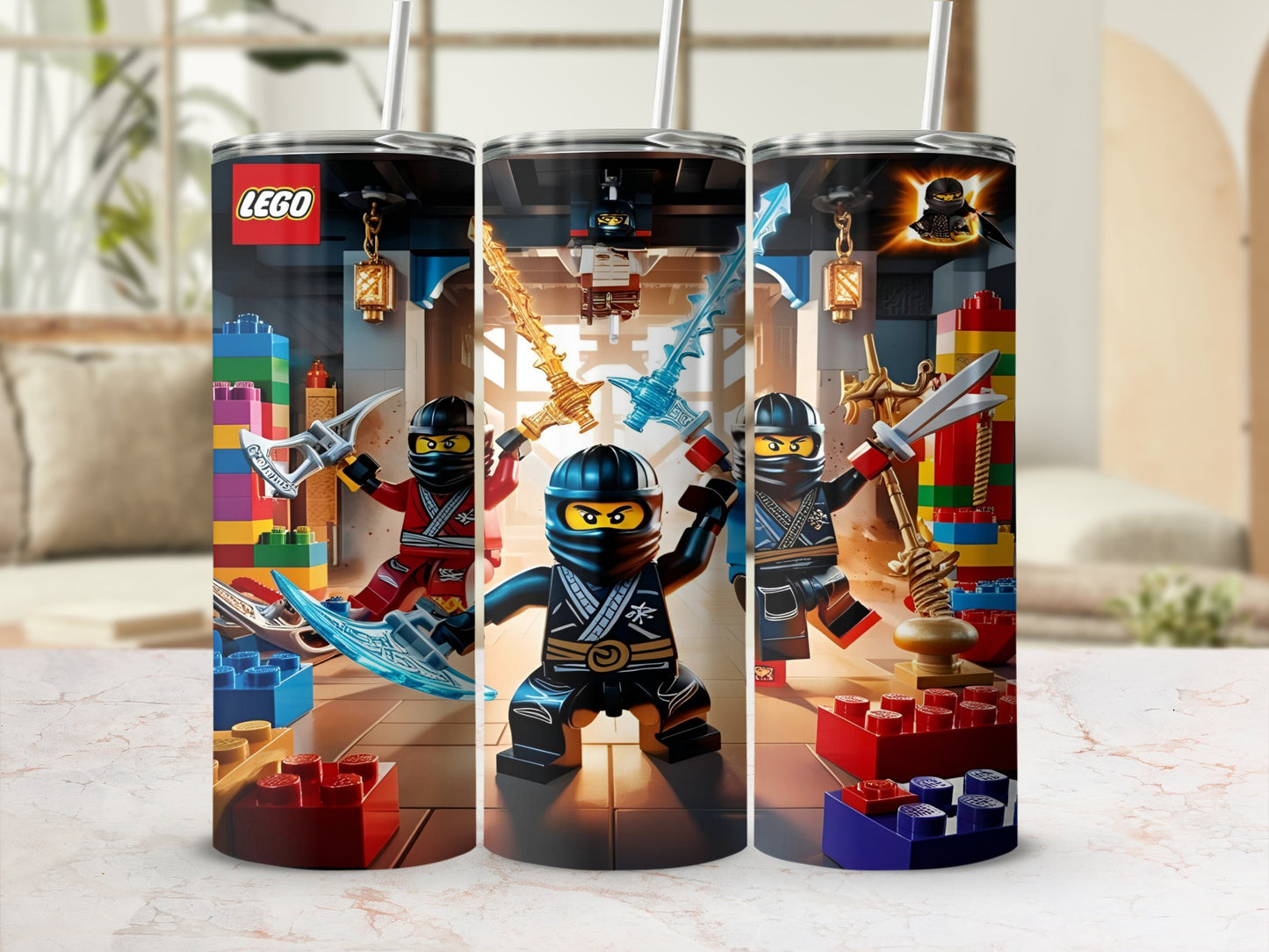 Three LEGO ninjas with swords surround a central black ninja in a Lego-themed room.