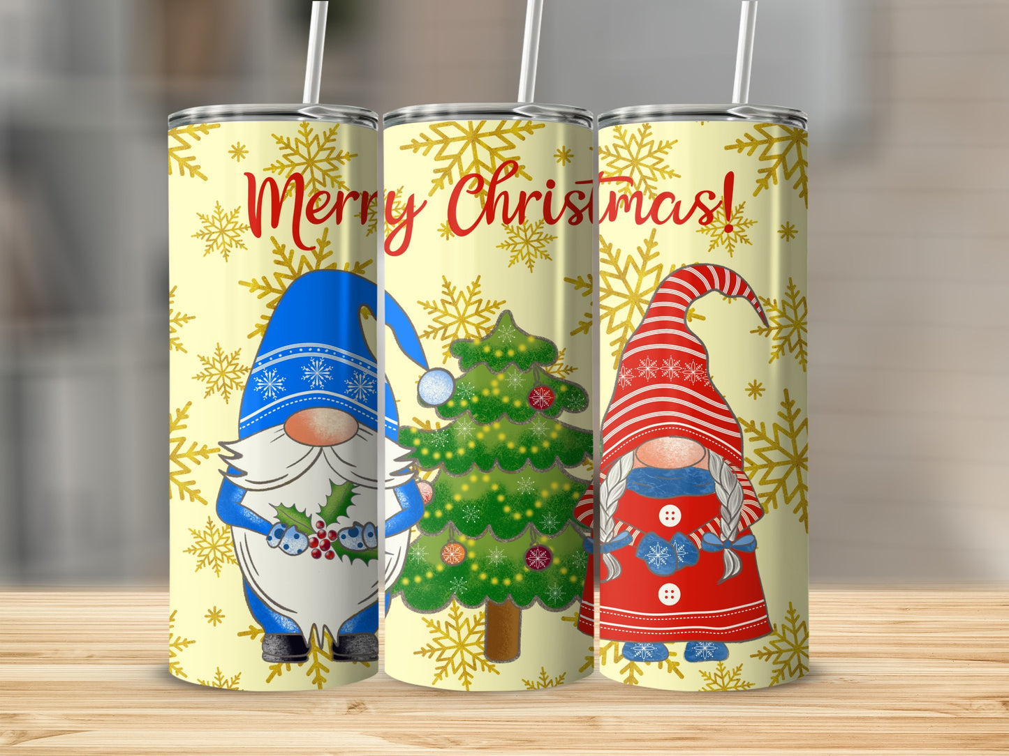 Christmas gnomes and tree on yellow background with "Merry Christmas!" text.