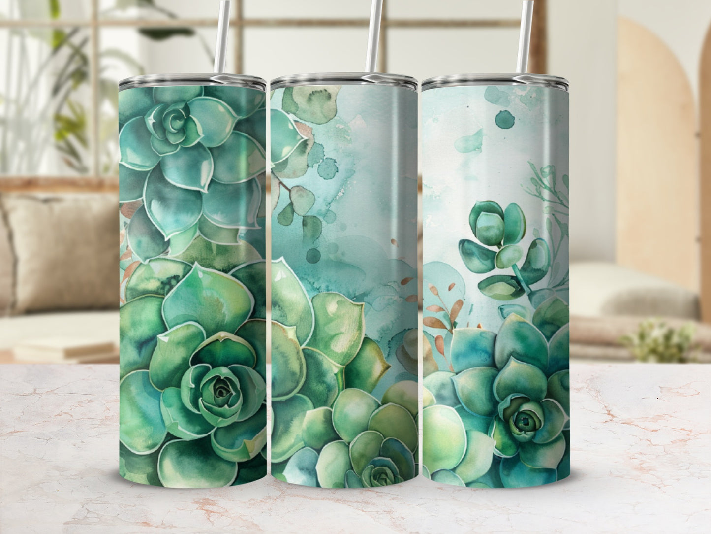 Three tumblers with a watercolor succulent design.