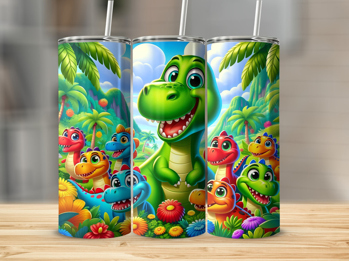 Happy Cartoon Dinosaurs Palm Trees Flowers Jungle product type
