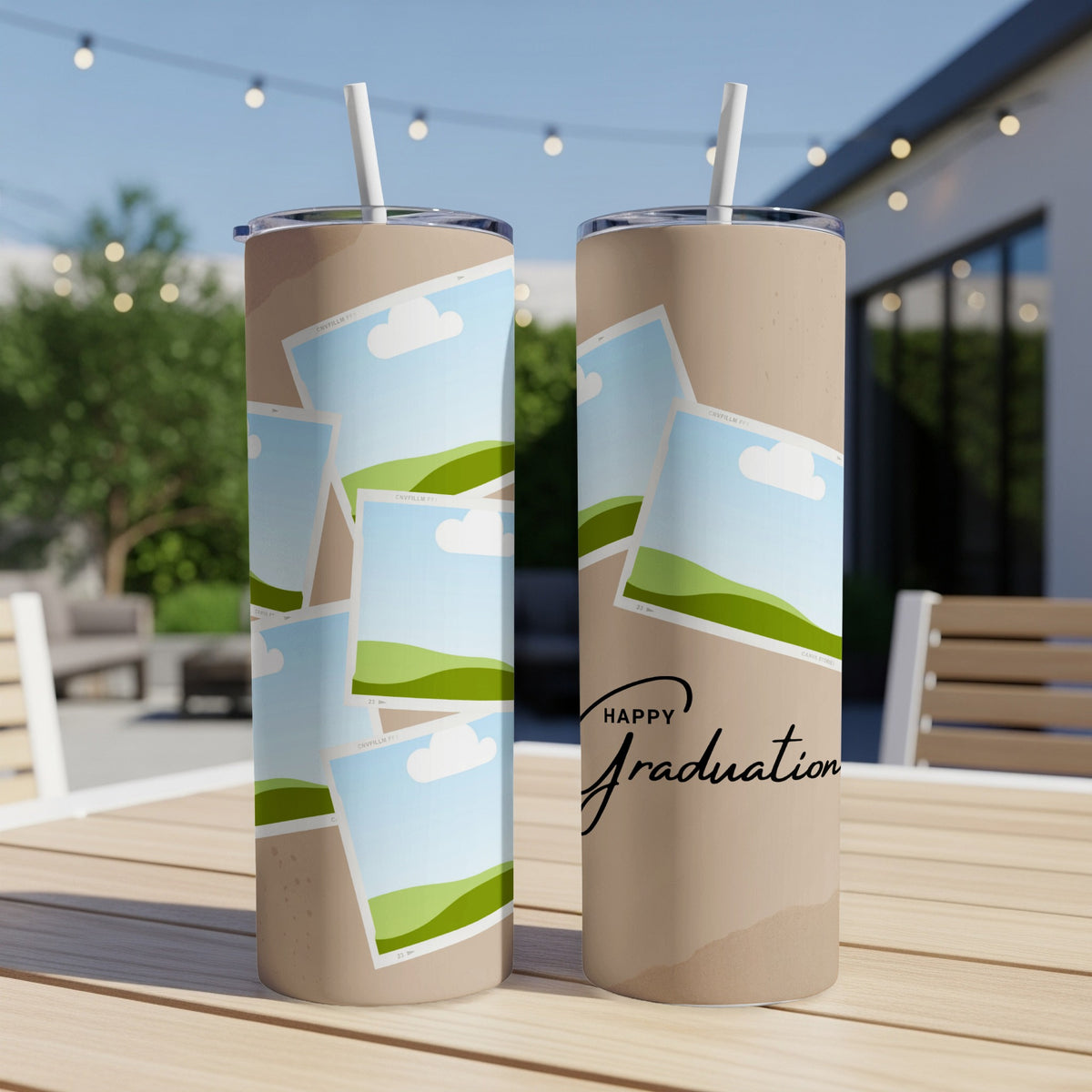 Two tumblers with collage of landscape photos and "Happy Graduation" text.