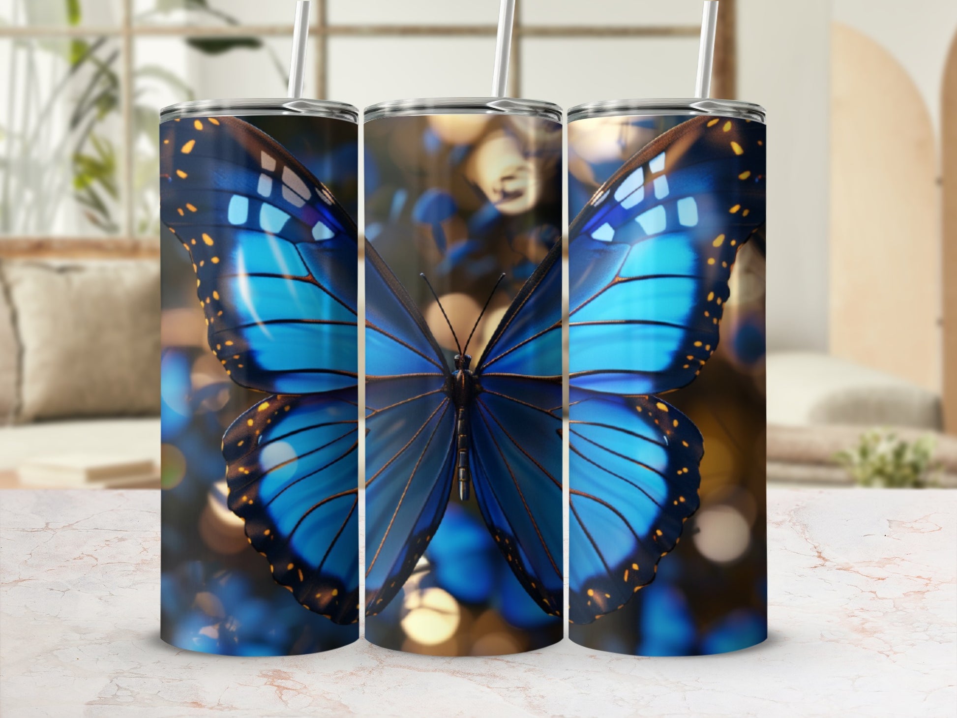 Blue butterfly tumbler with bokeh background.