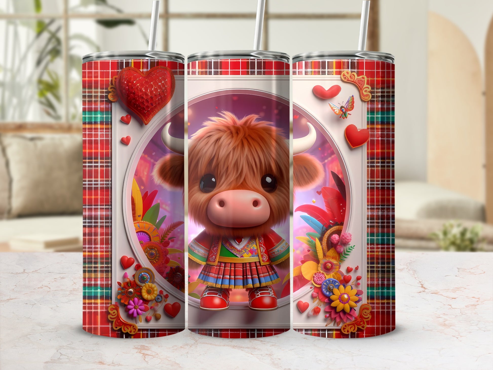 Highland cow wearing a kilt with plaid borders and floral accents.