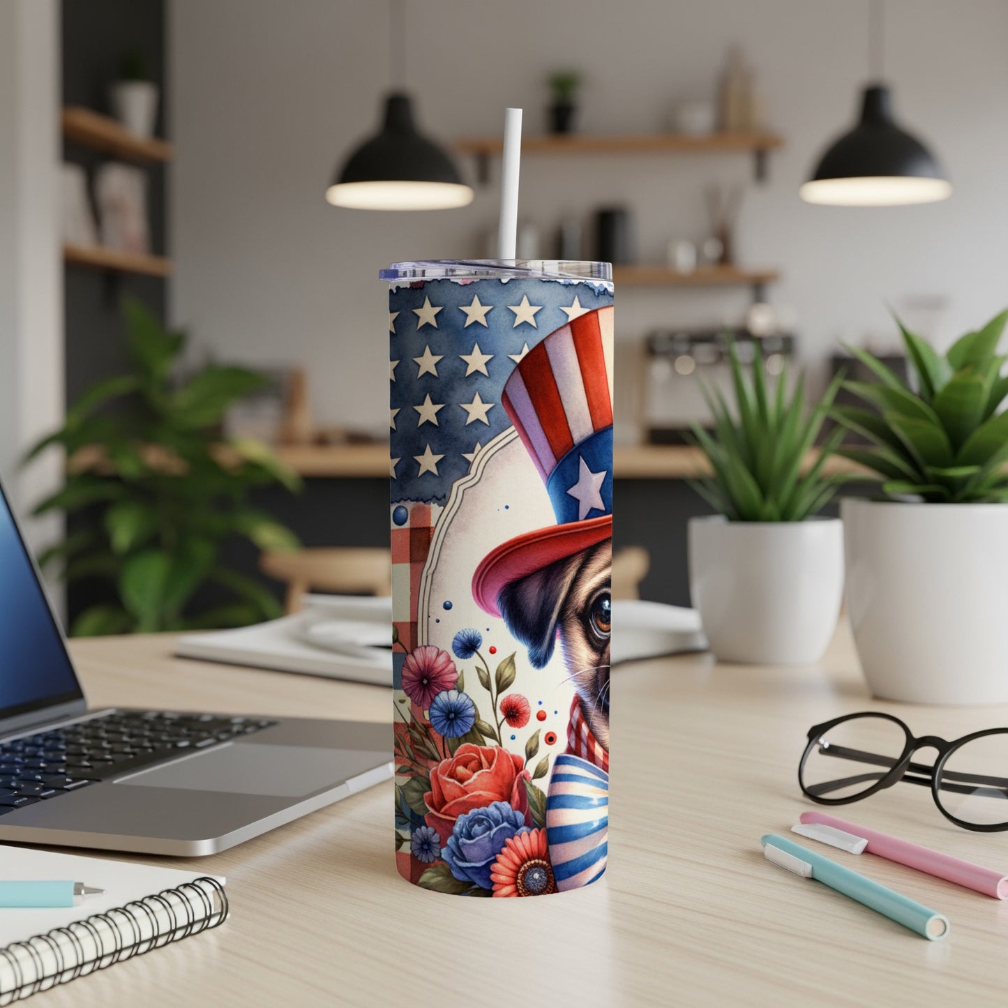 Patriotic pug wearing a hat surrounded by flowers on a tumbler.