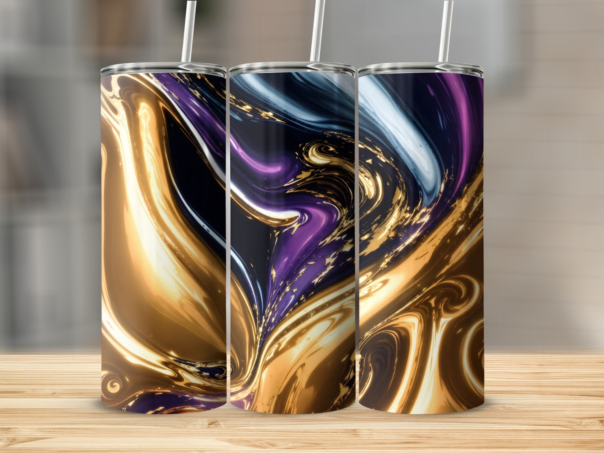 Three tall tumblers with swirling purple, gold, and black abstract designs.