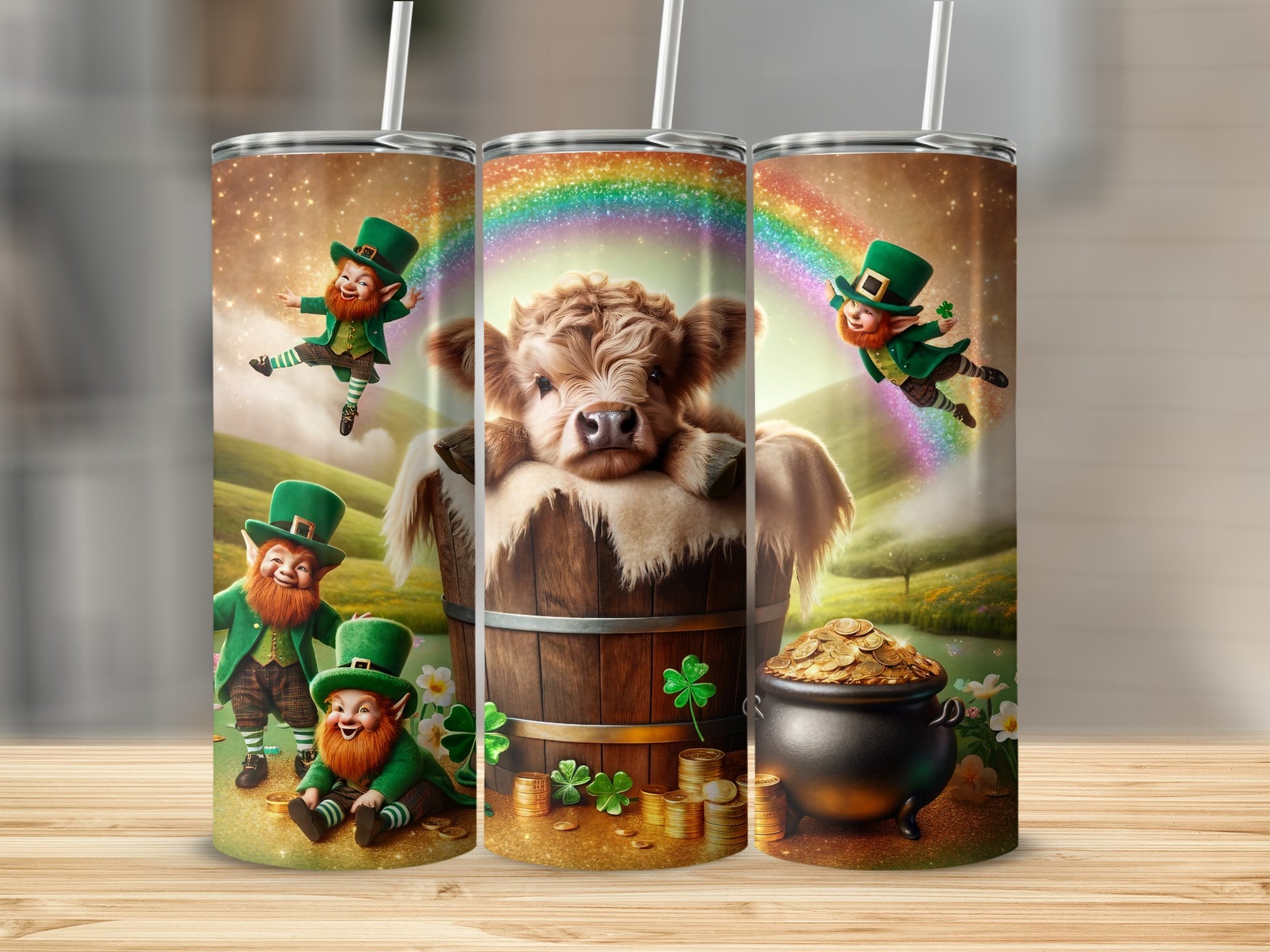 Cow in barrel with leprechauns and pot of gold, St. Patrick's Day theme.