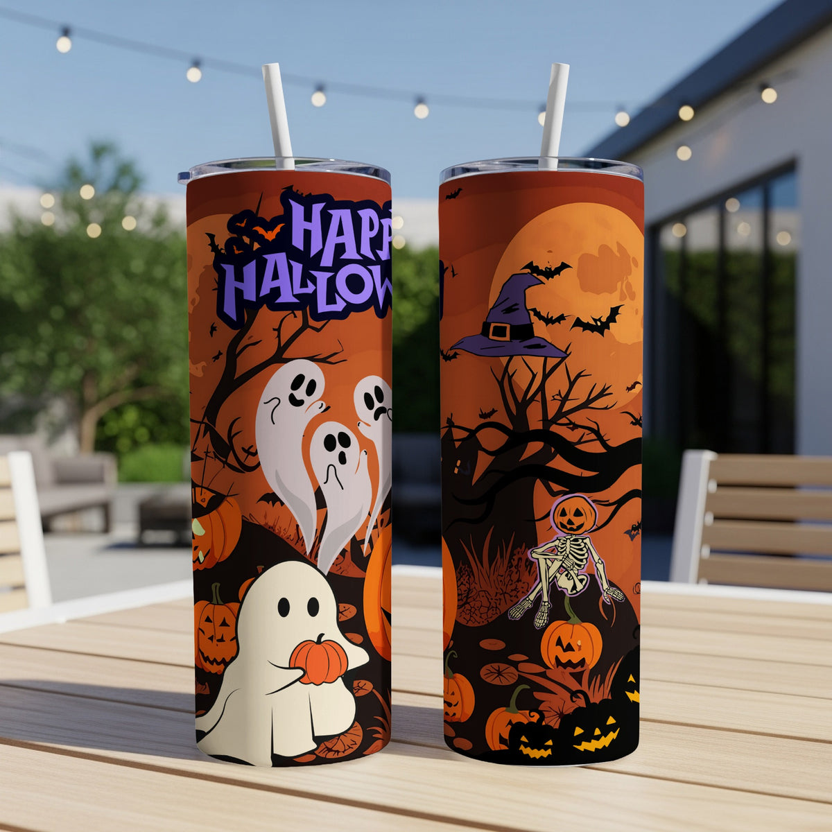 Two Halloween themed tumblers with ghosts, pumpkins, and bats.