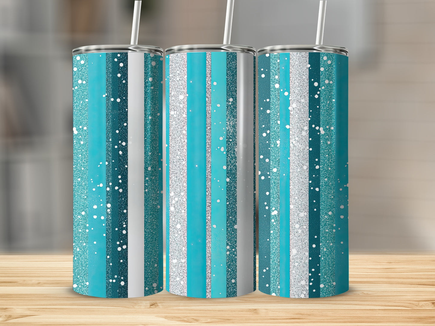 Teal Blue Silver Glitter Stripes Pattern Design Tumblers