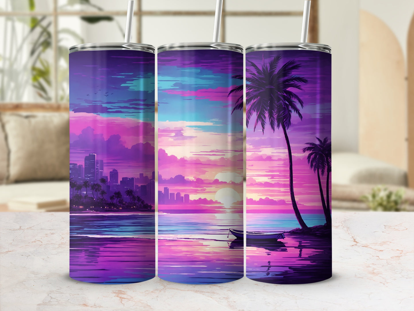 Palm trees and city skyline silhouette on a colorful sunset beach scene.