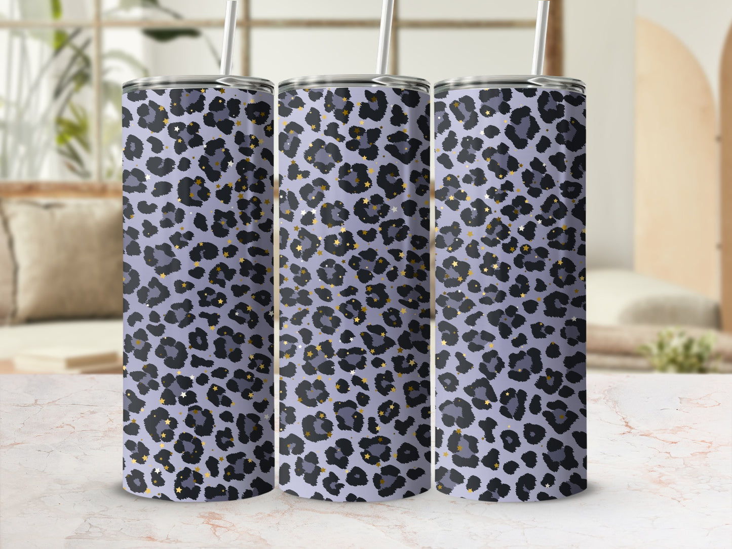 Purple Leopard Print Tumbler with Straw for Beverages