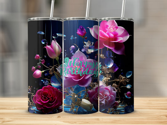 Three tumblers with pink and purple flowers, jewels, and "Happy Birthday" text.