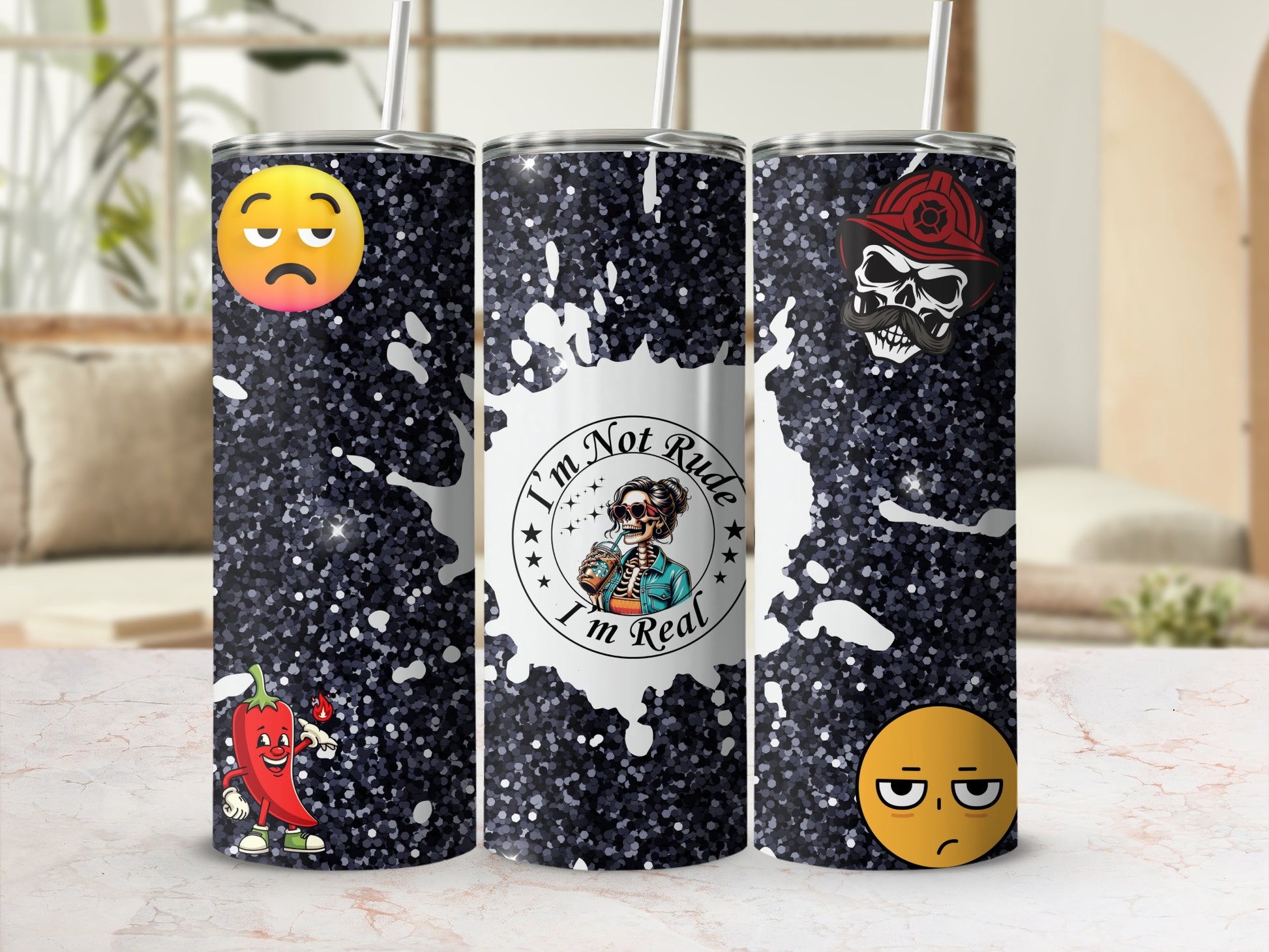 Emojis and Skull Design Insulated Tumbler Cup