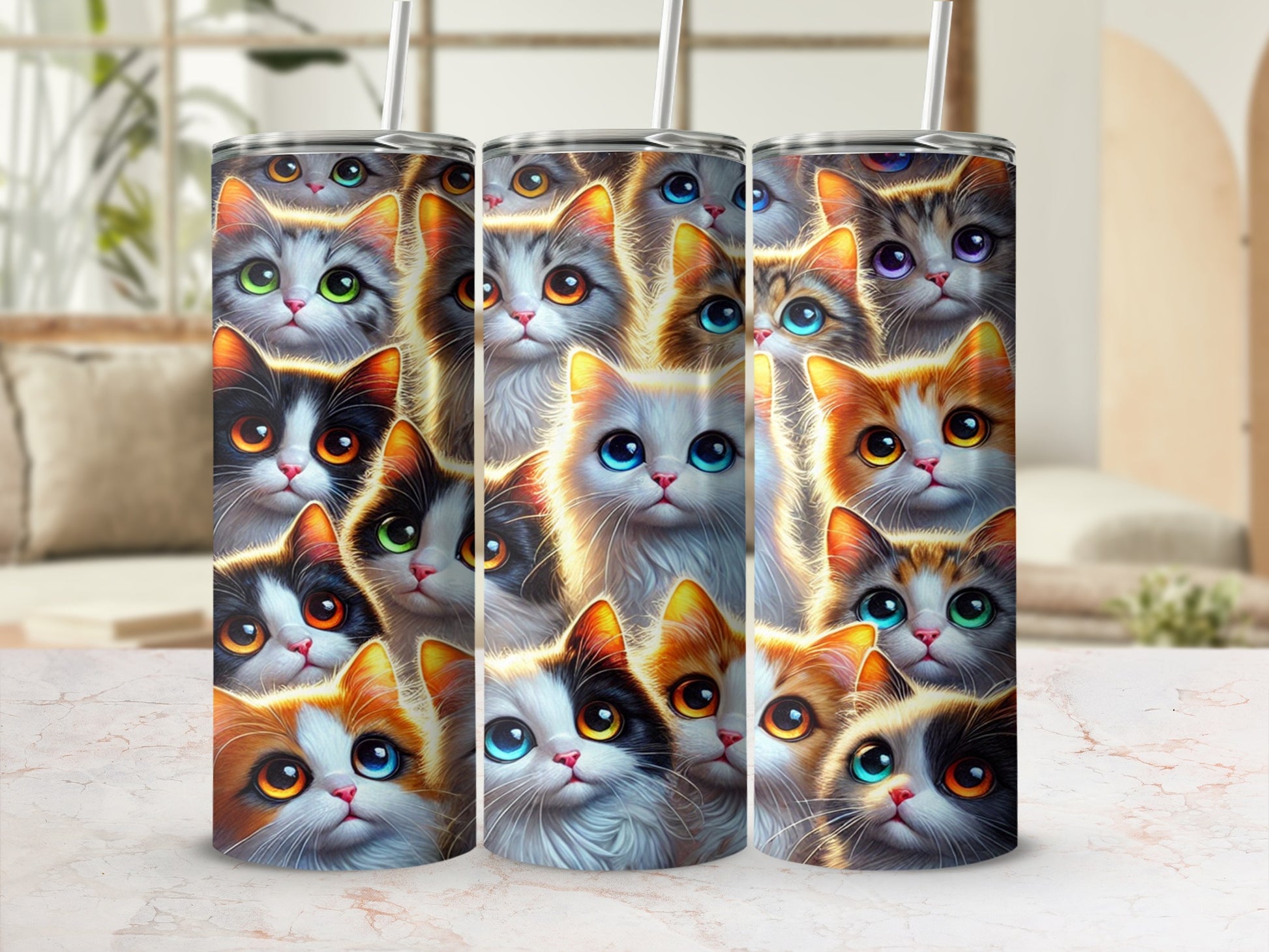 Cute Colorful Cat Faces Design Tumbler Product
