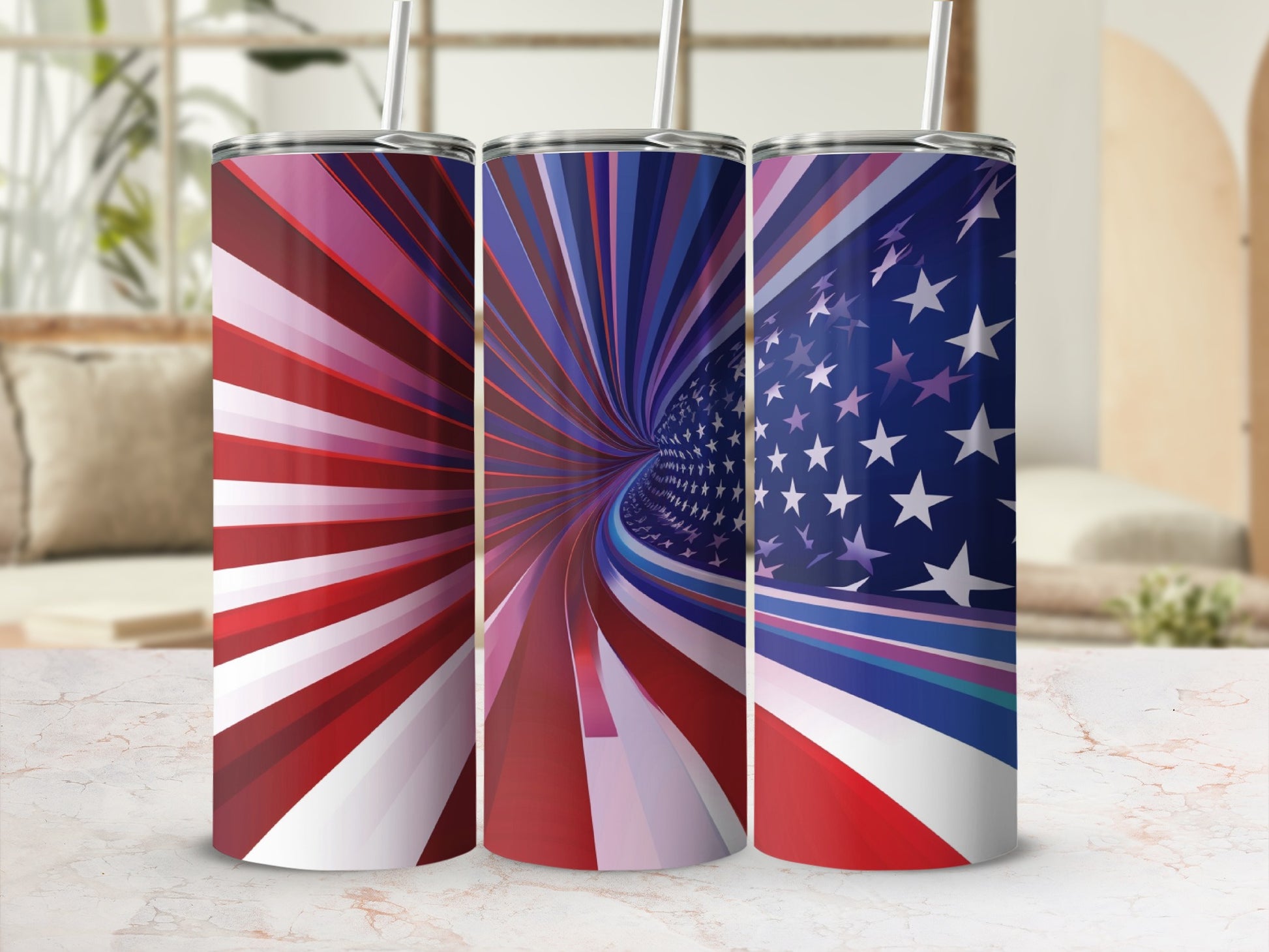 Three tumblers with patriotic American flag and starburst designs.