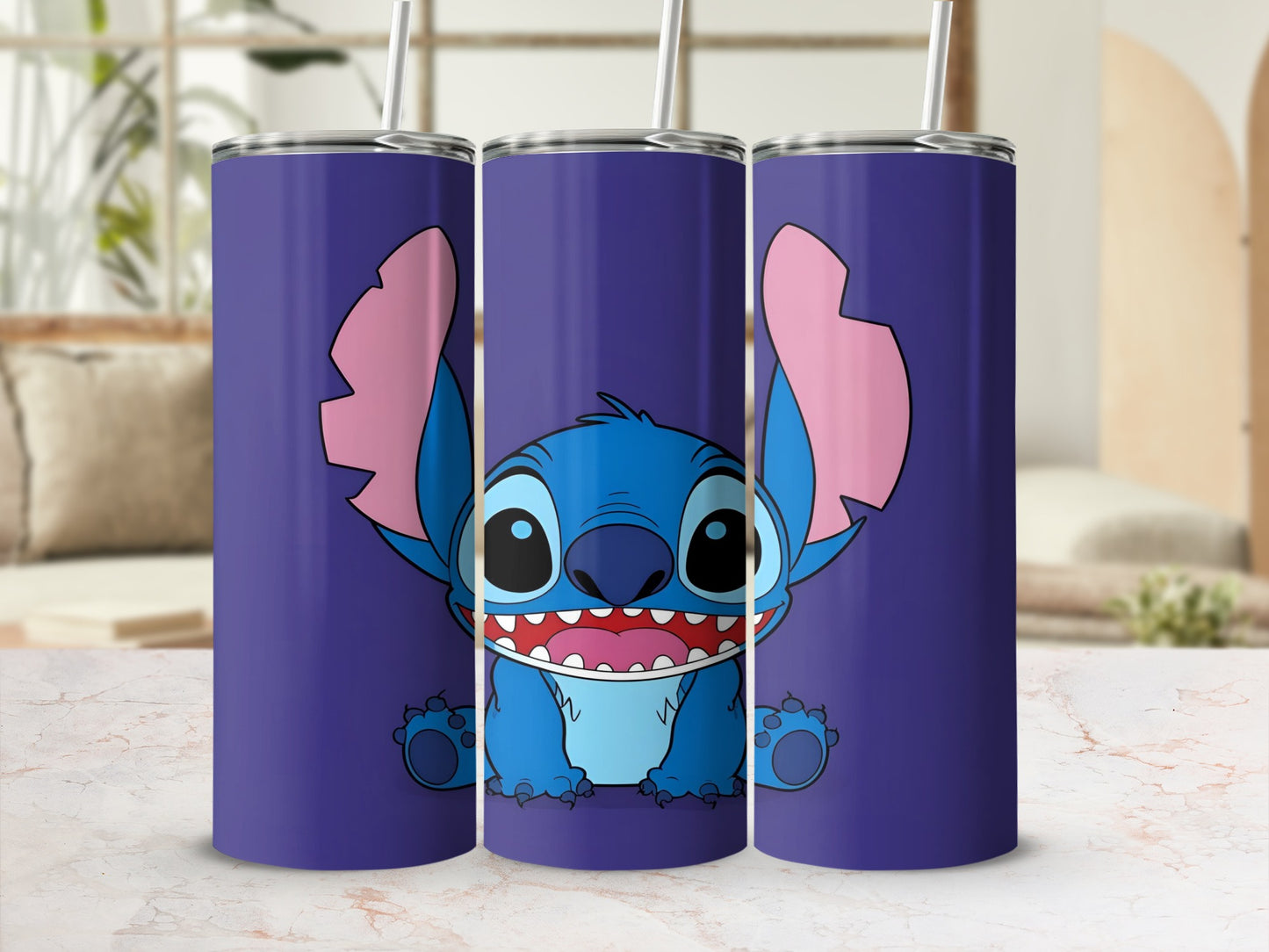 Blue Stitch character with large ears on three purple tumblers.