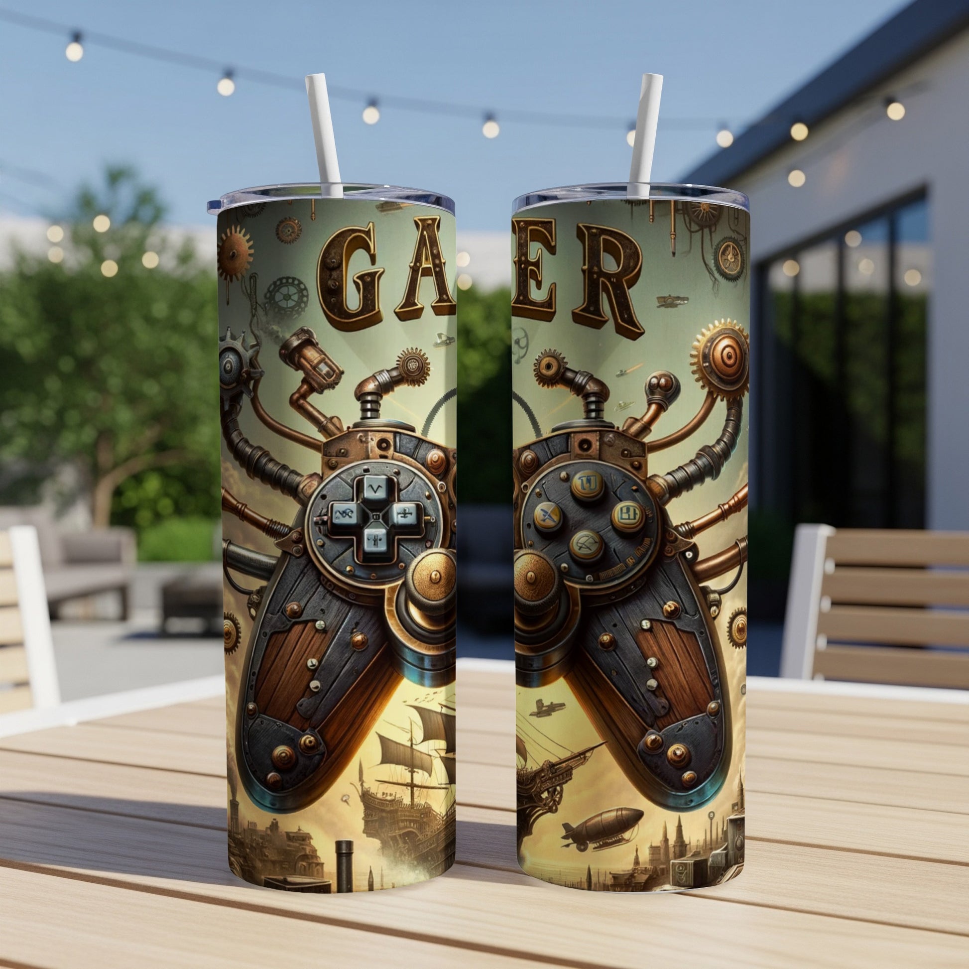 Steampunk controller design with gears, ships, and airships on a tumbler.