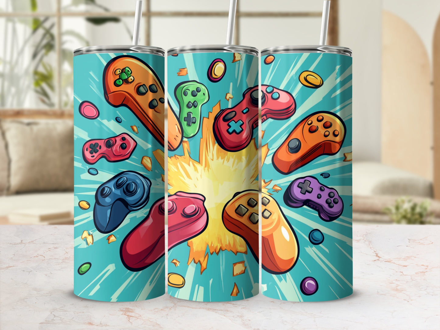 Tumbling game controllers with explosion graphic on teal background.