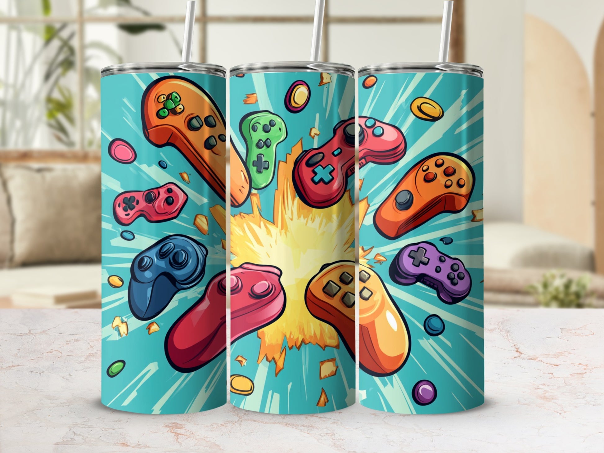 Tumbling game controllers with explosion graphic on teal background.