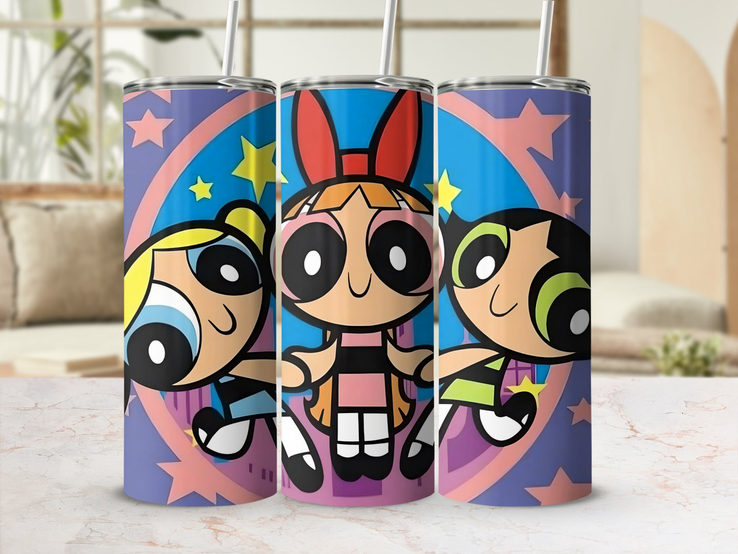 Colorful Powerpuff Girls themed tumbler set
