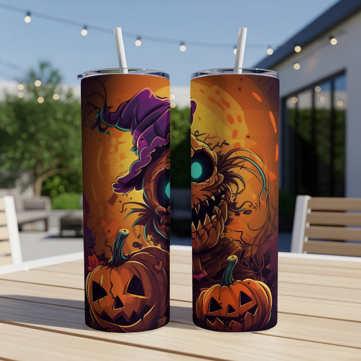 Two tumblers feature a Halloween theme with a scarecrow and pumpkins.