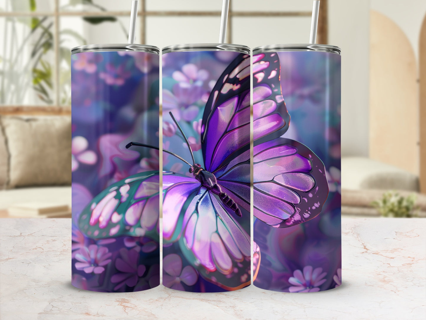 Purple butterfly and floral pattern on a cylindrical tumbler with straw.