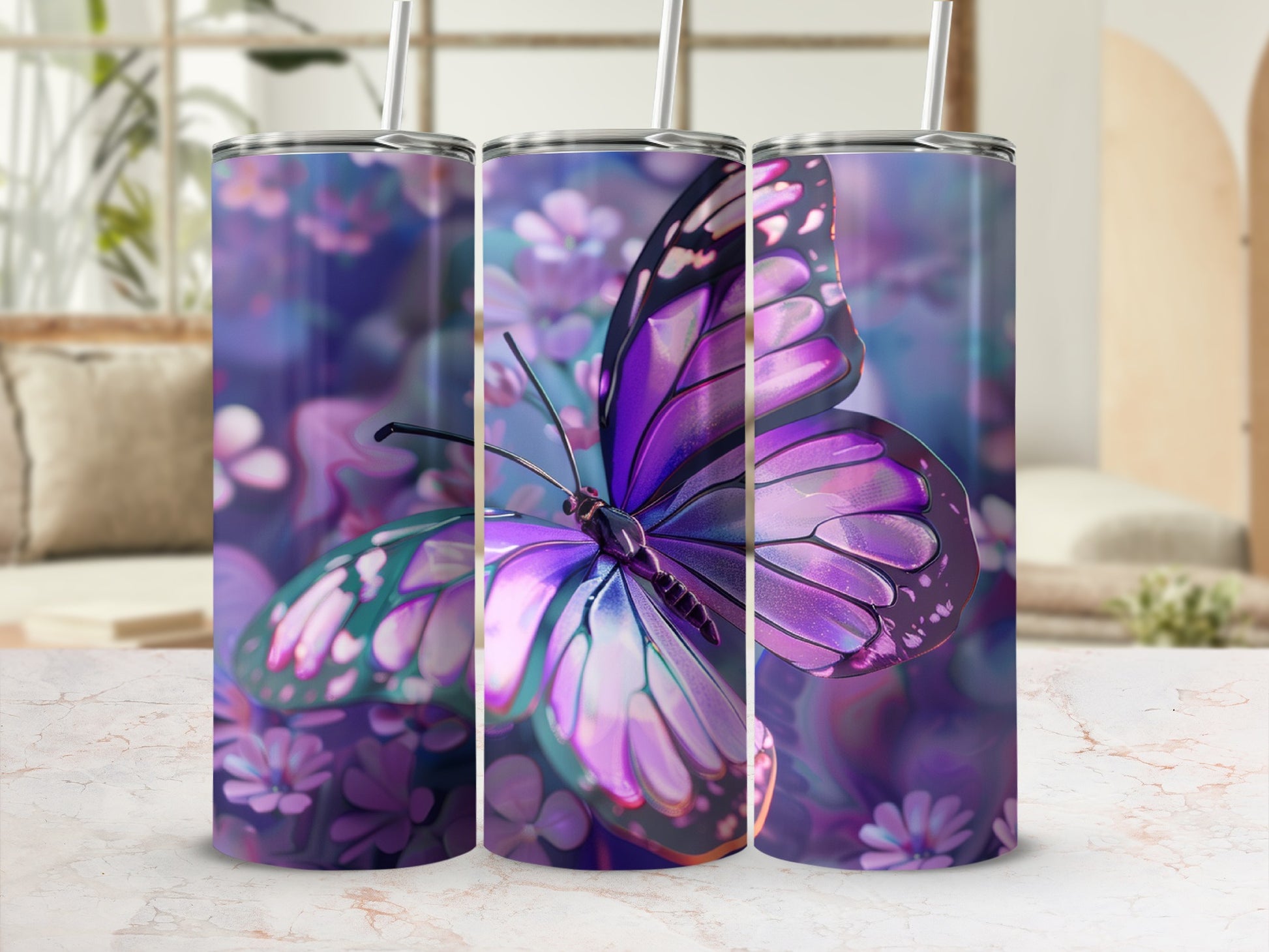 Purple butterfly and floral pattern on a cylindrical tumbler with straw.