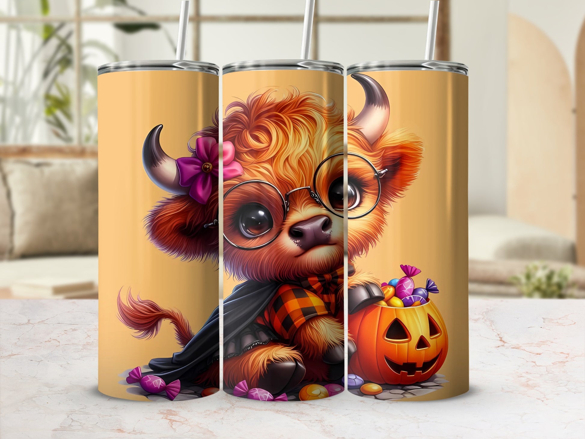 Cute Halloween Highland Cow with Glasses Tumbler