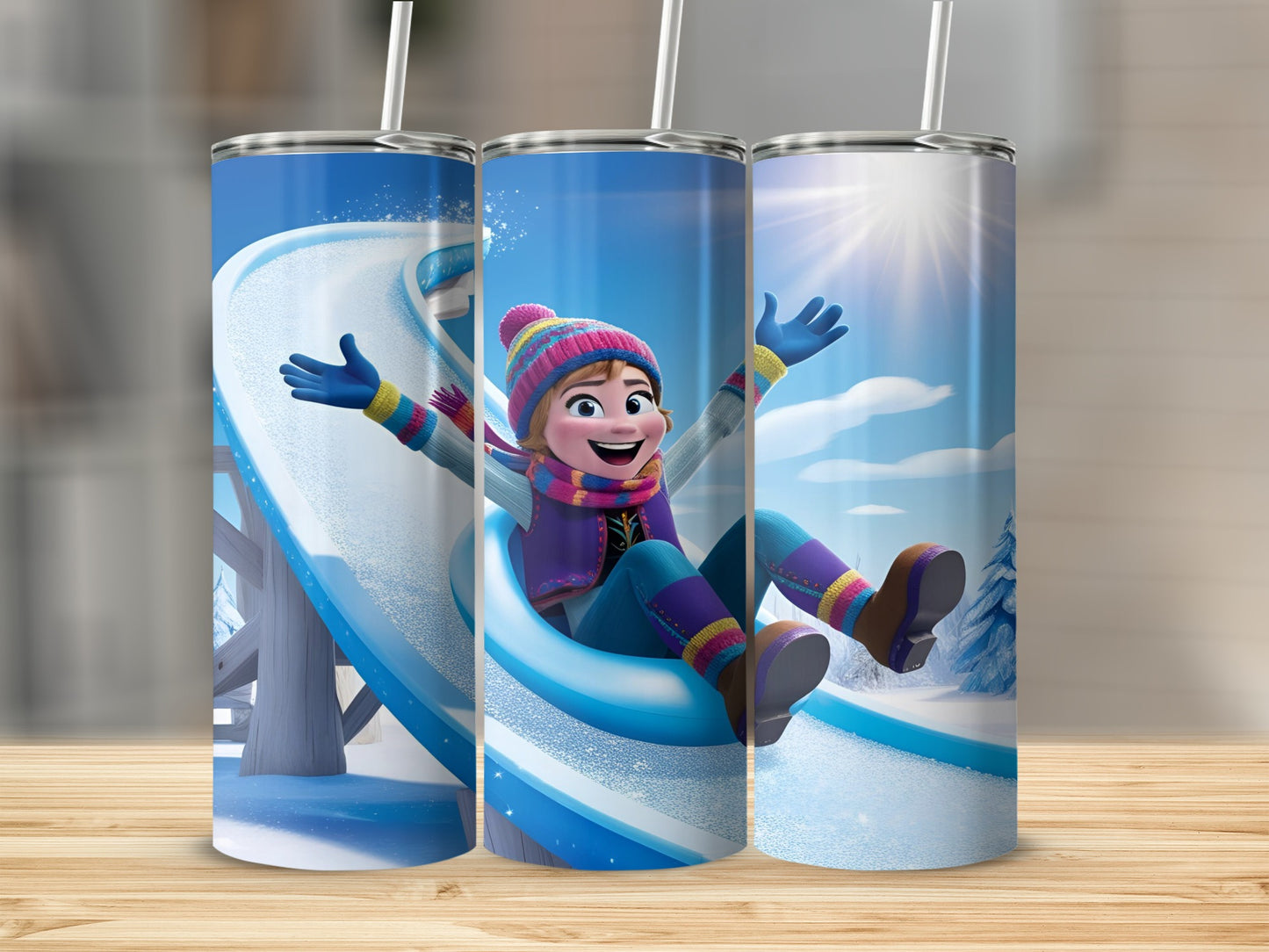 Anna from Frozen sliding down a snowy hill on a blue sled.