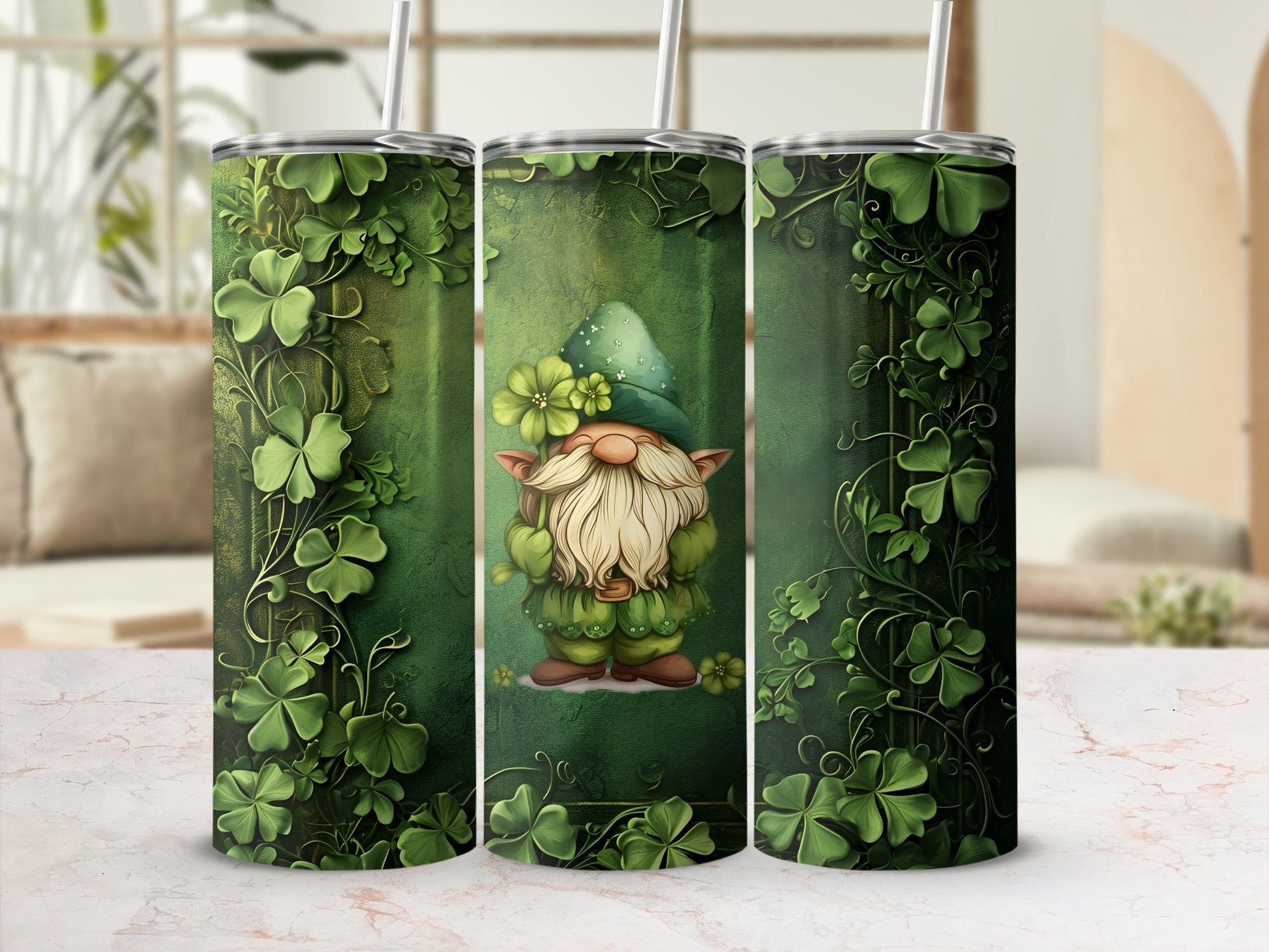Green gnome with shamrocks and flowers on a tall tumbler.
