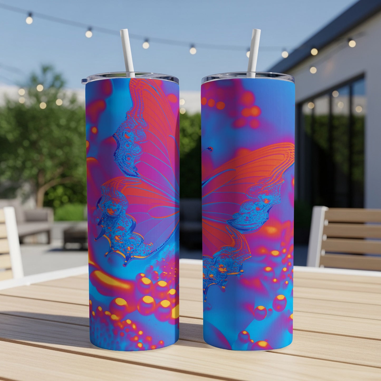 Two blue and pink butterfly tumblers with straws on a table outdoors.