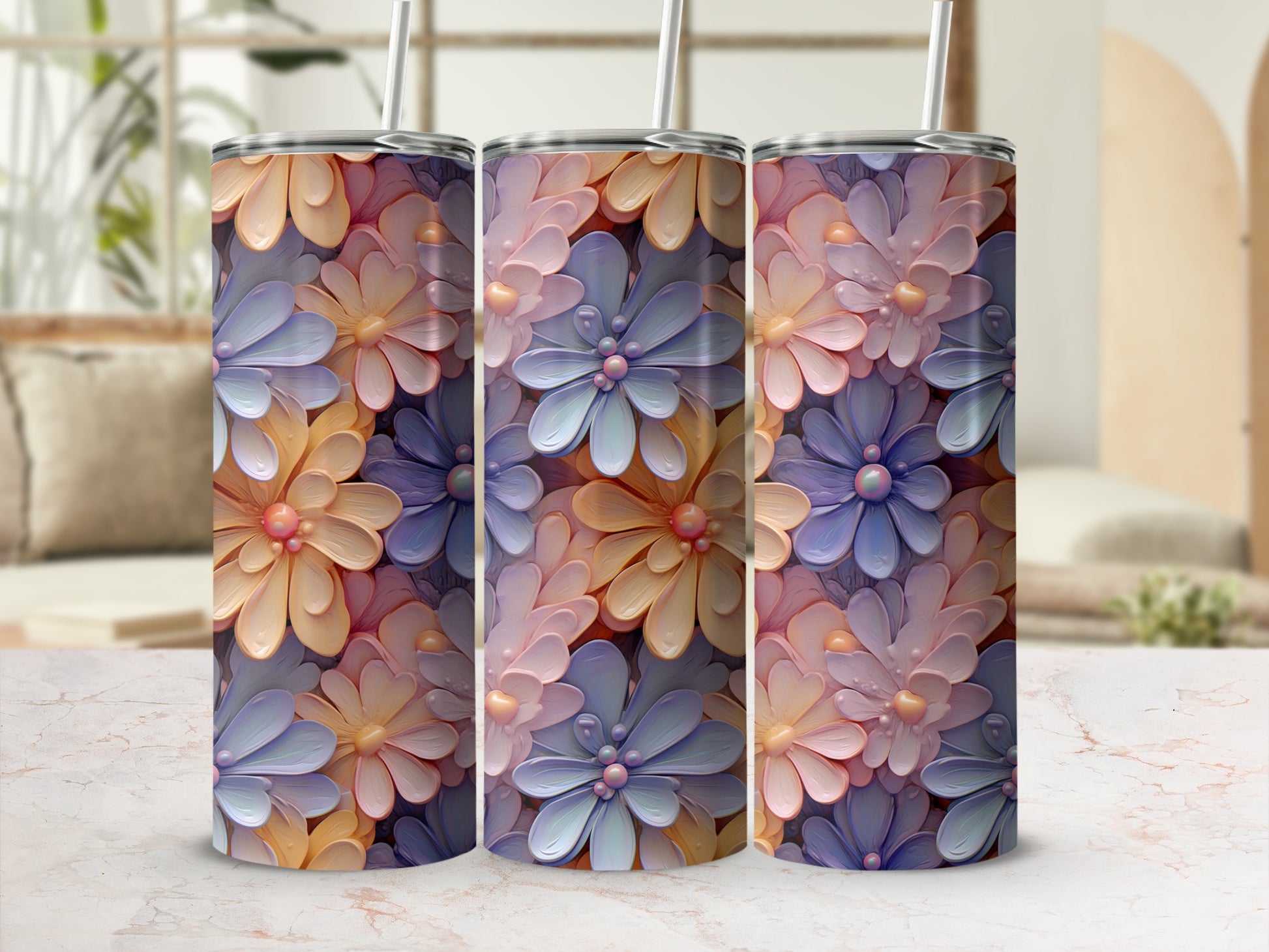 Colorful Flower Print Skinny Tumbler with Straw
