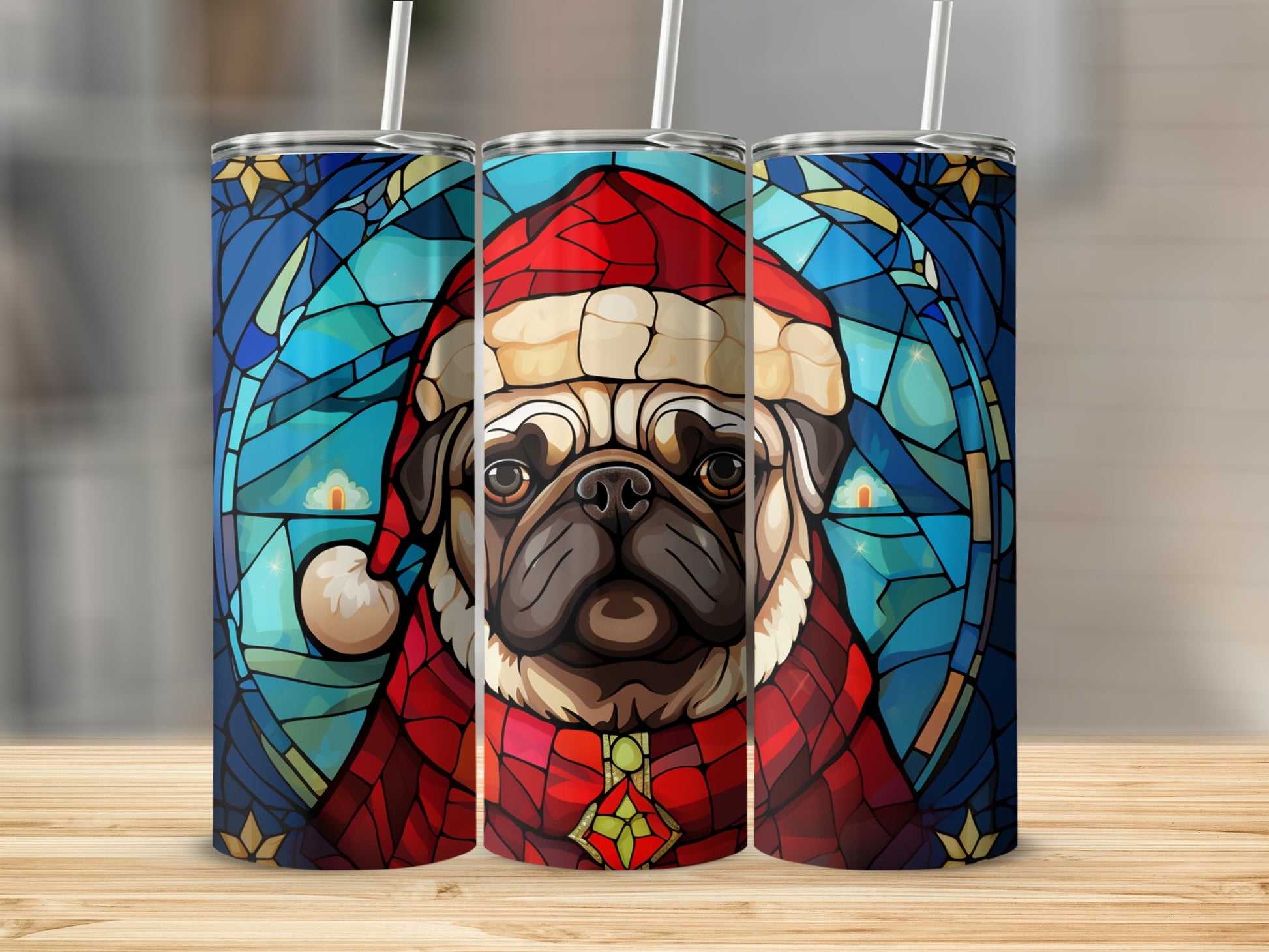 Three stained-glass style tumblers featuring a pug in a Santa hat.