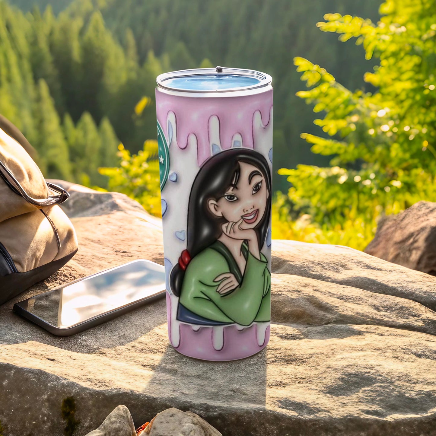 Vibrant Character Art Tumbler with Scenic Background