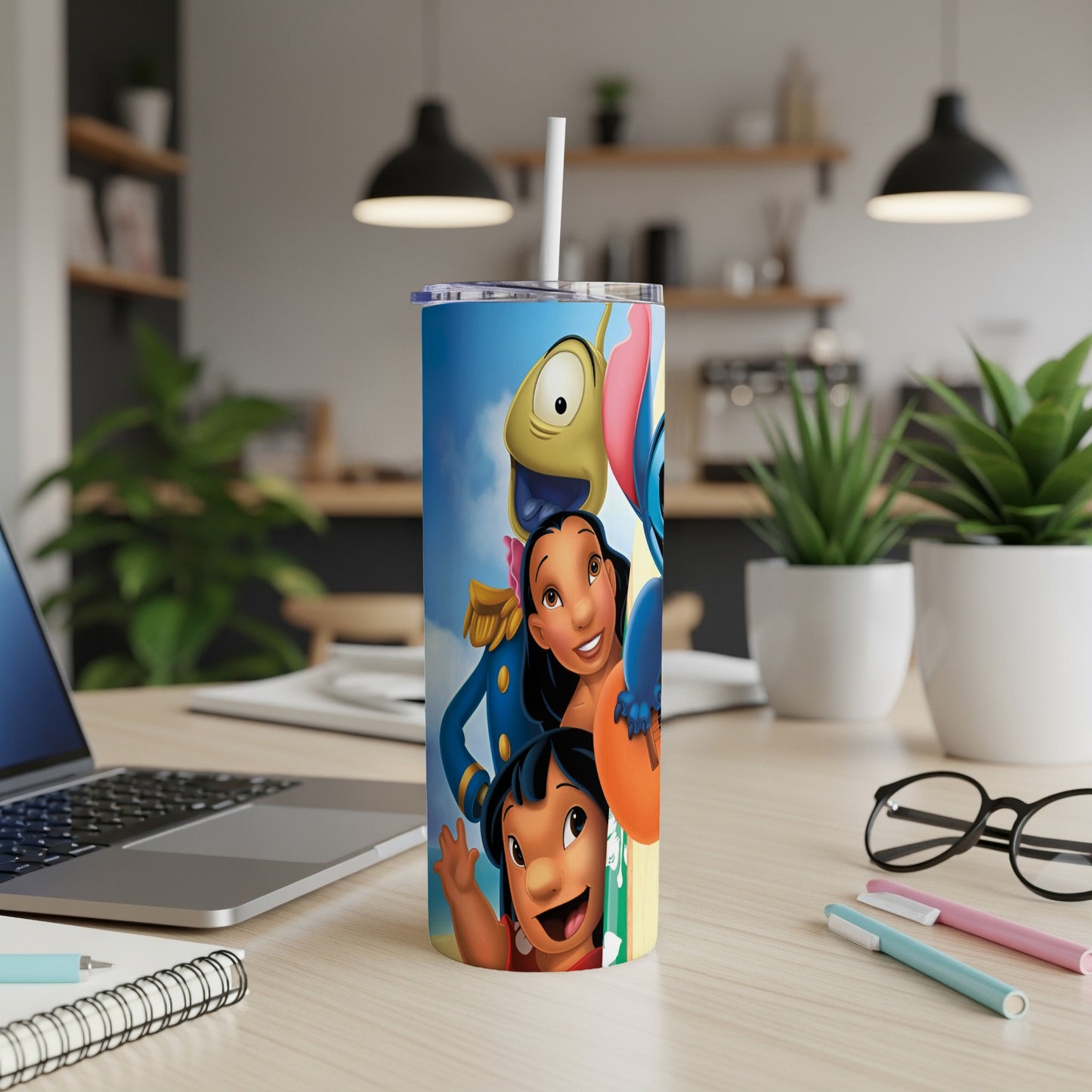Lilo, Stitch, and Jumba from Lilo & Stitch on a tumbler cup.