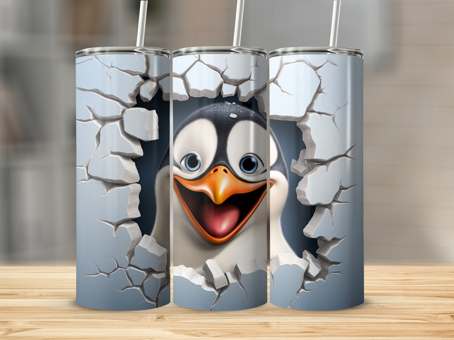 Adorable Penguin Breaking Through Wall Design Tumbler