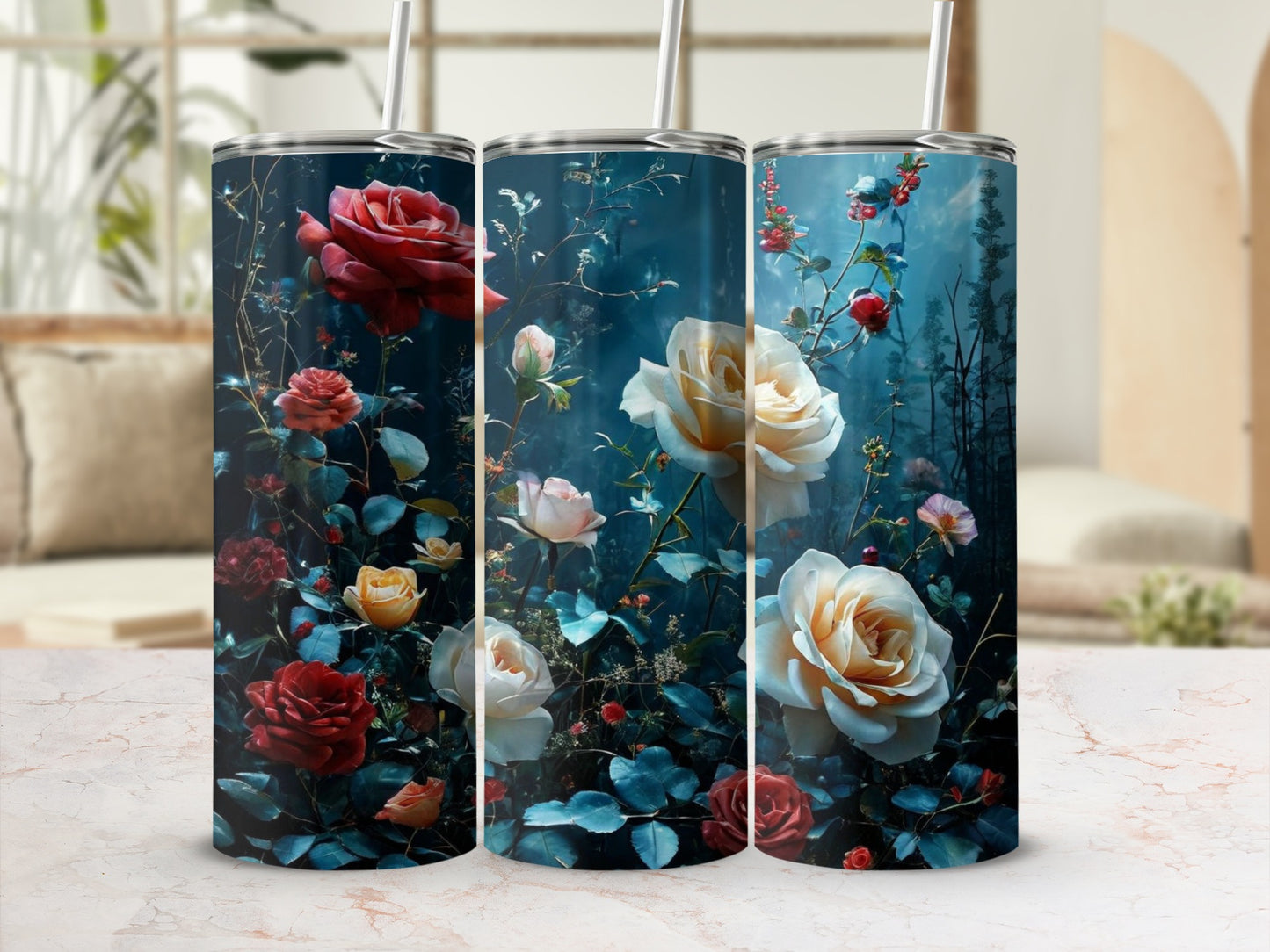 Three tumblers with dark floral designs, featuring roses and vines.