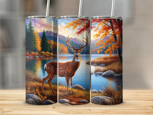 Deer in autumn forest by lake on three cylindrical tumblers.