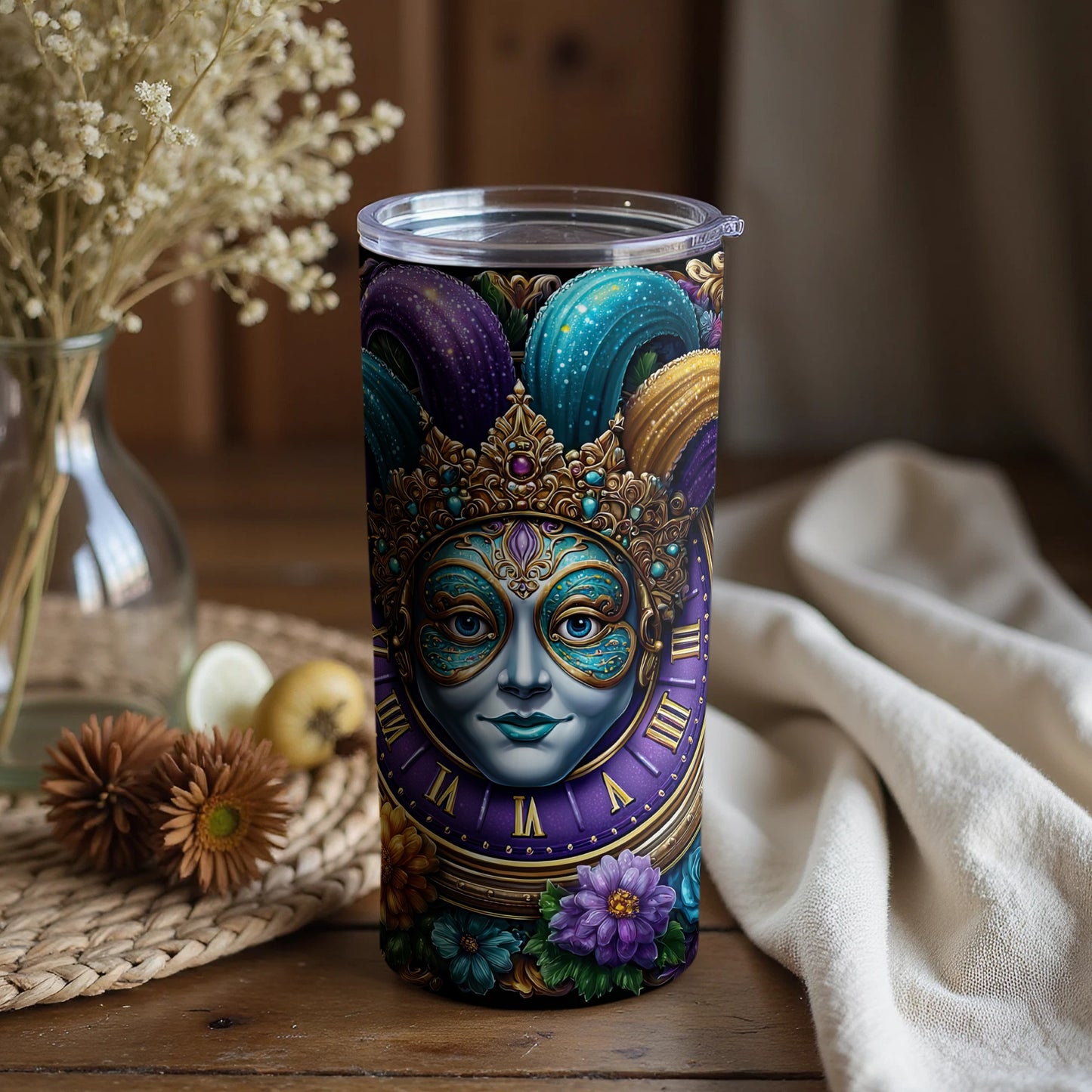 Decorative Tumbler with Intricate Mask Design