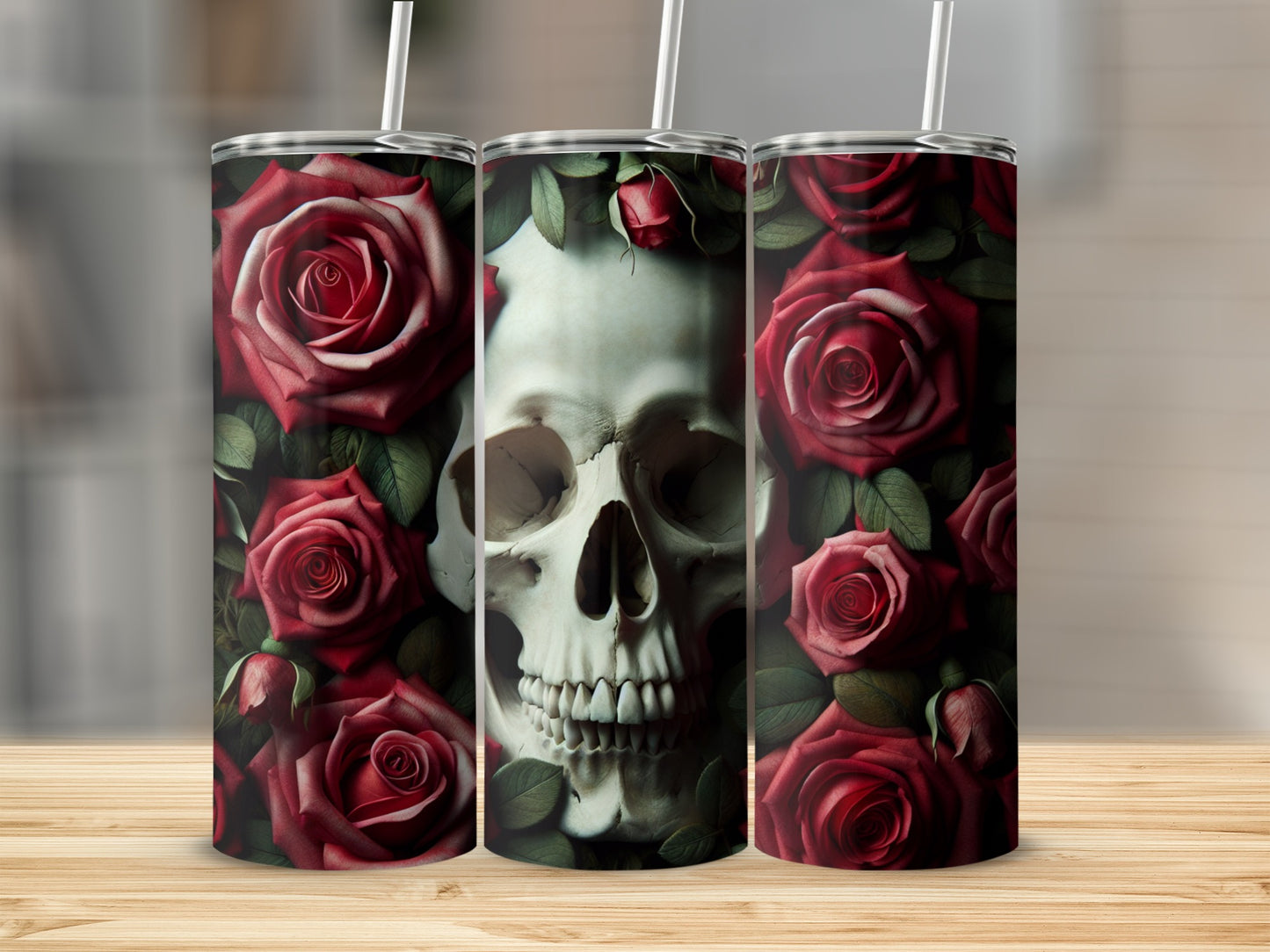Tumbler with a skull surrounded by deep red roses.