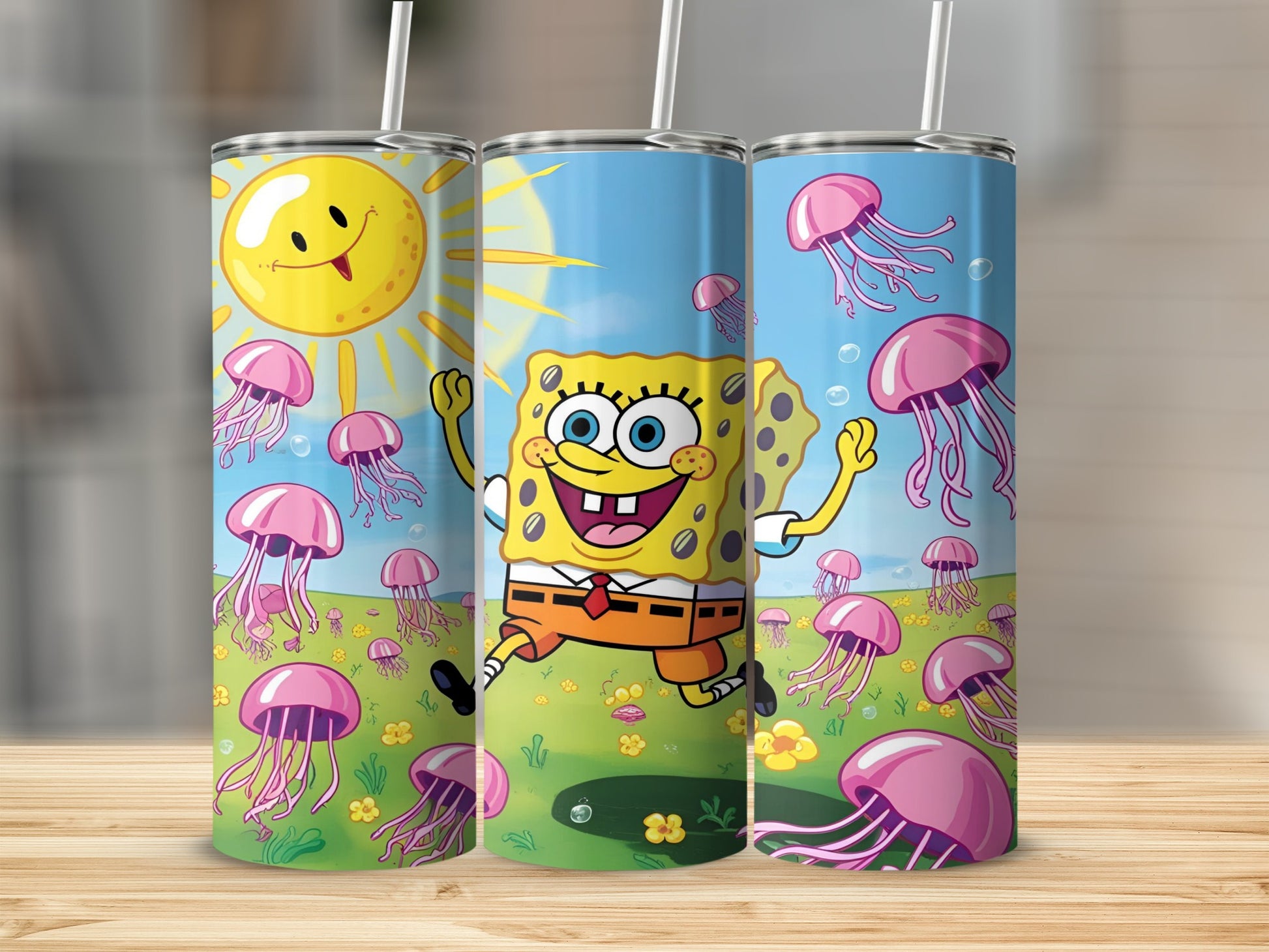 SpongeBob SquarePants and jellyfish under a smiling sun on a 20oz tumbler.