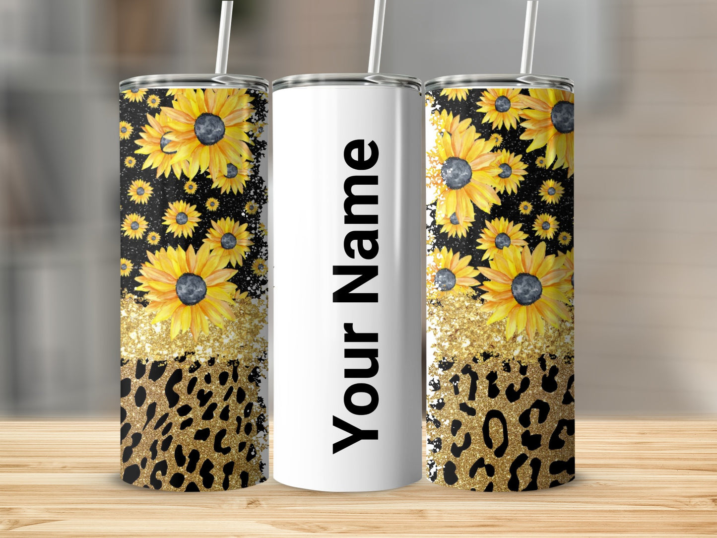 Sunflower Leopard Glitter Custom Name Tumbler Product