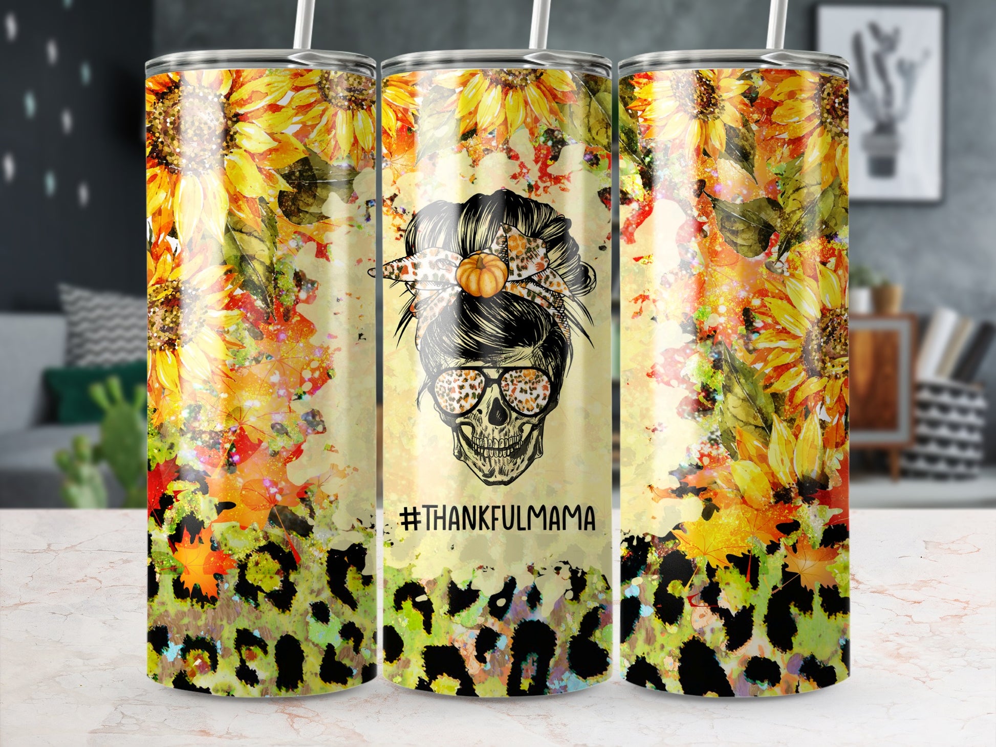 Tumbler with sunflowers, leopard print, and "#THANKFULMAMA" text.