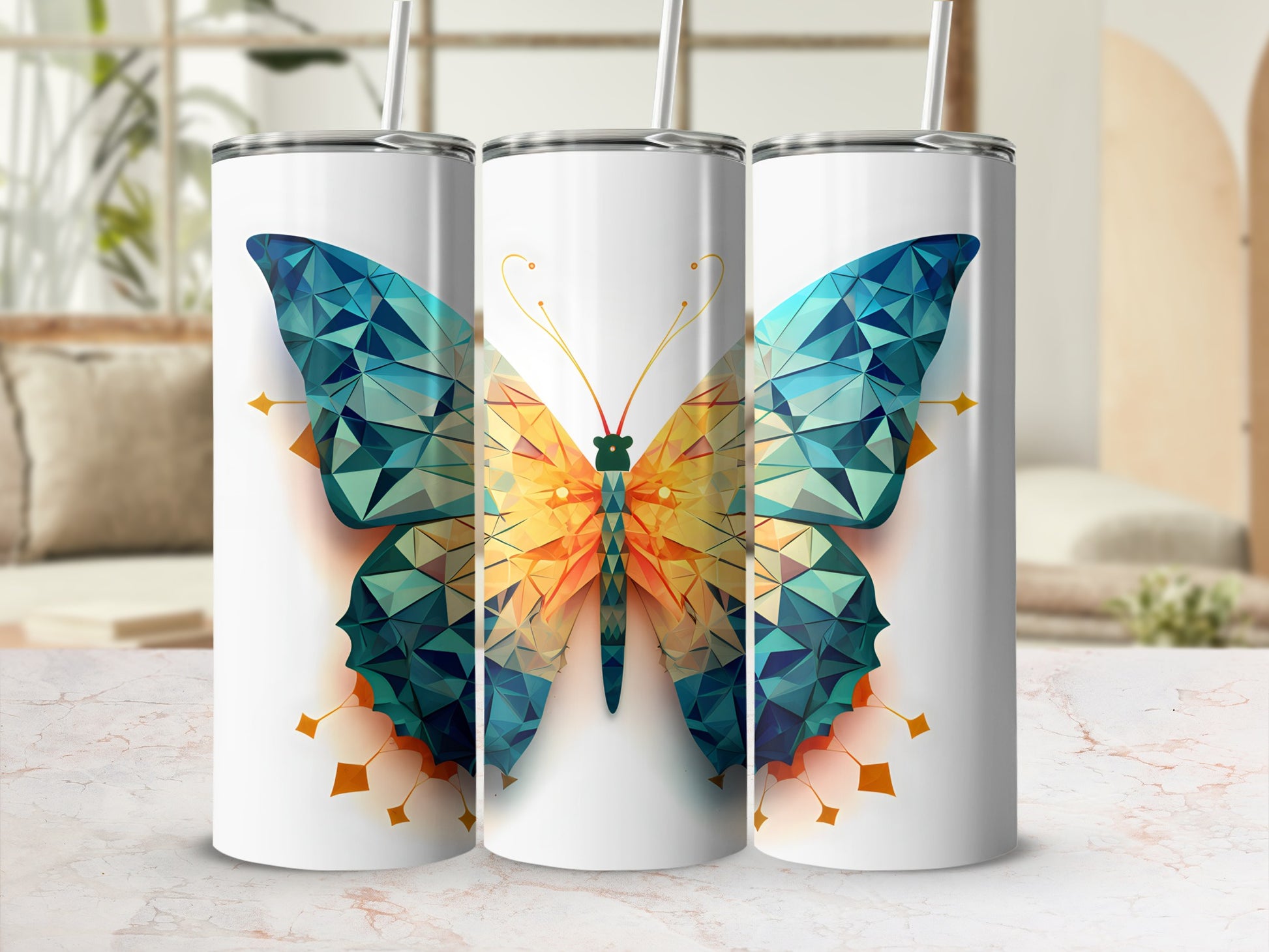 White tumblers featuring a geometric butterfly design with blue and orange hues.