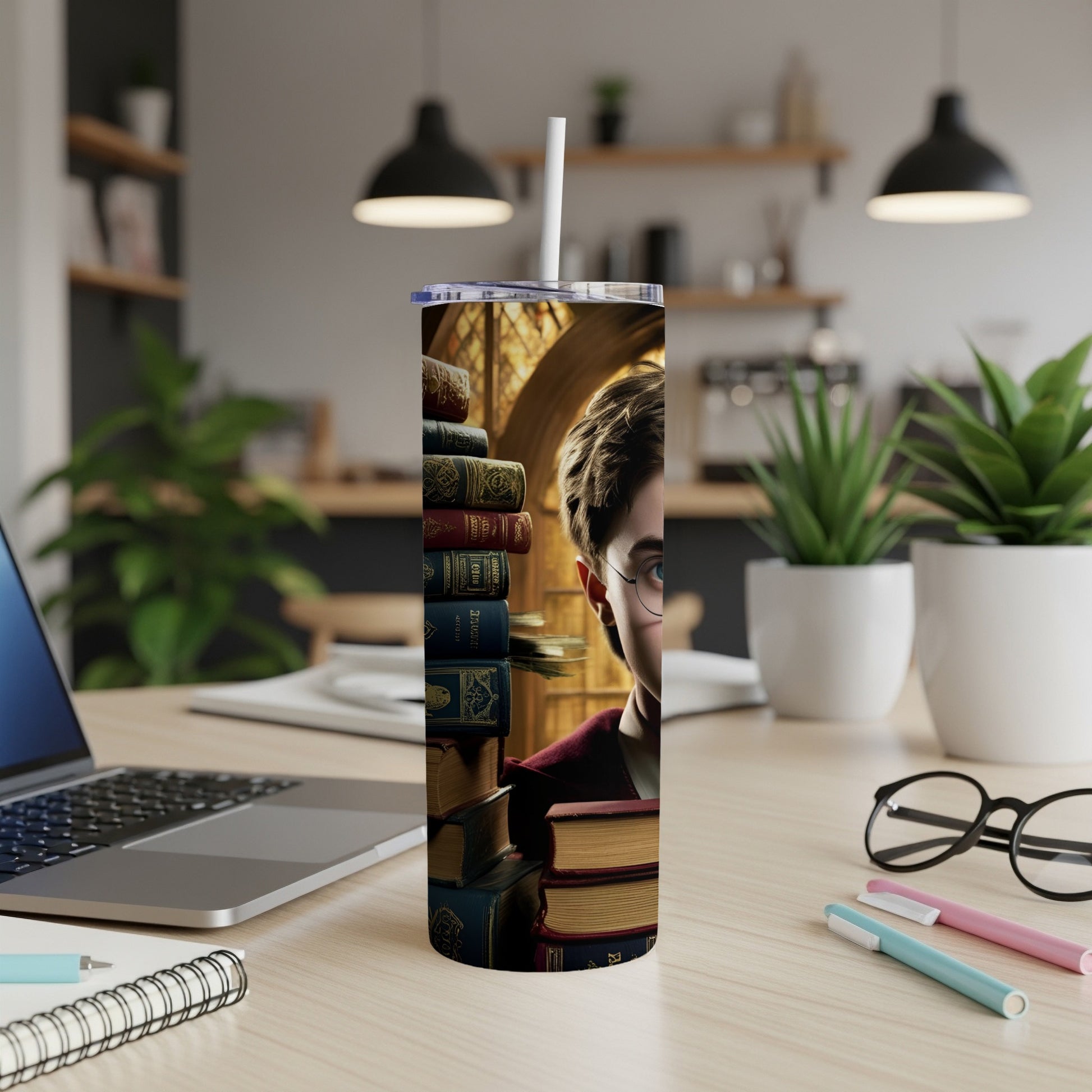 Harry Potter character peeking from behind stack of books, on a tumbler.