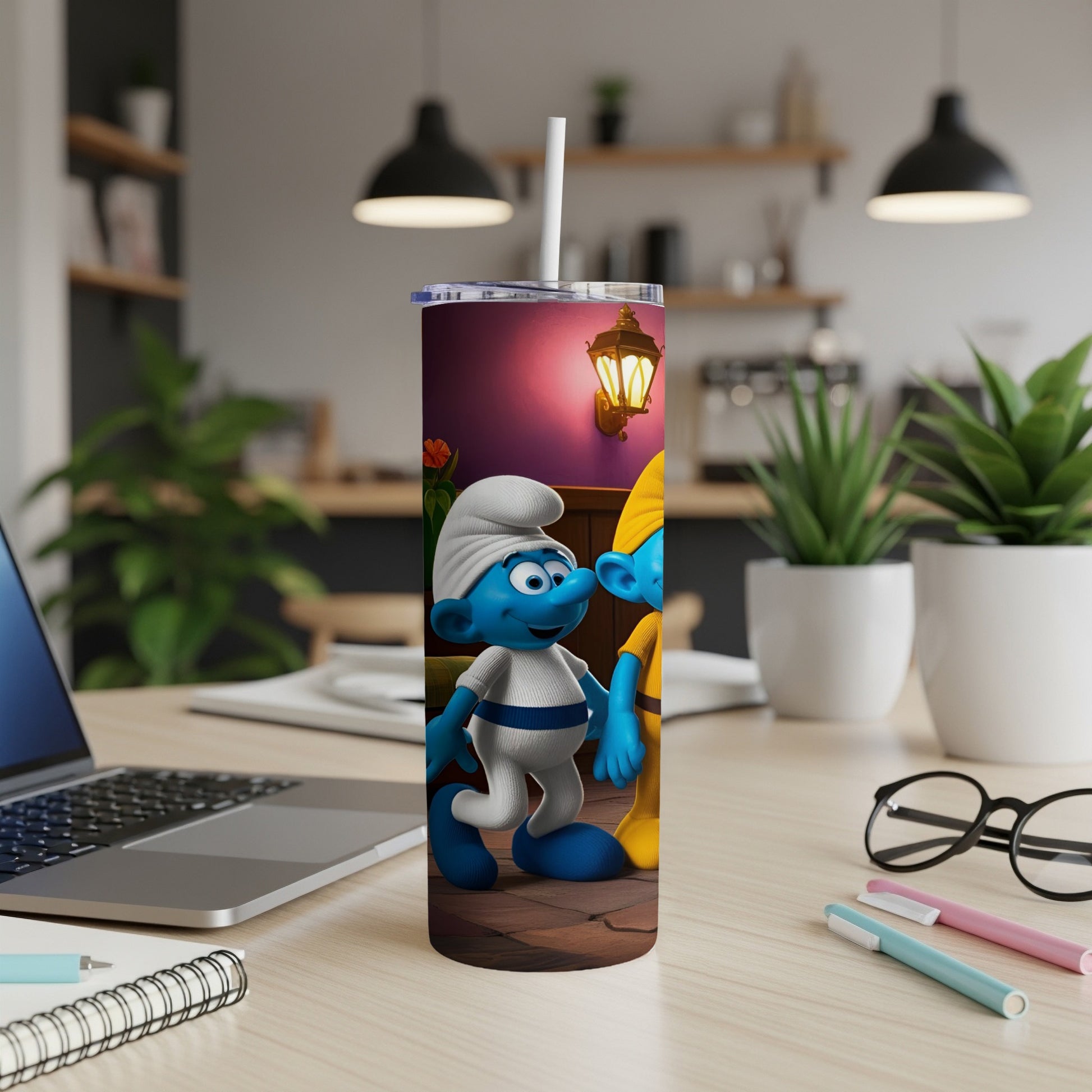 Smurf and Smurfette characters on a purple tumbler with a kitchen background.