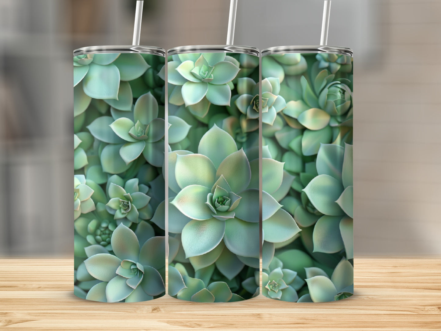 Three green succulent plant tumblers with straws on a wooden surface.