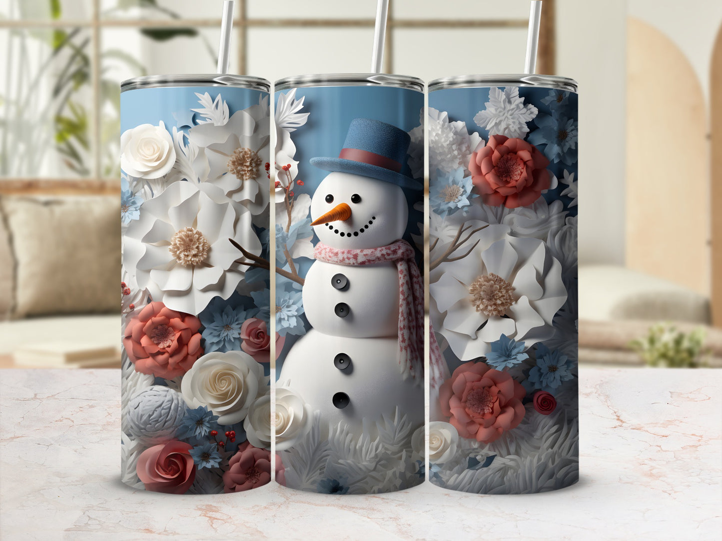 Festive Snowman and Floral Design Insulated Tumbler