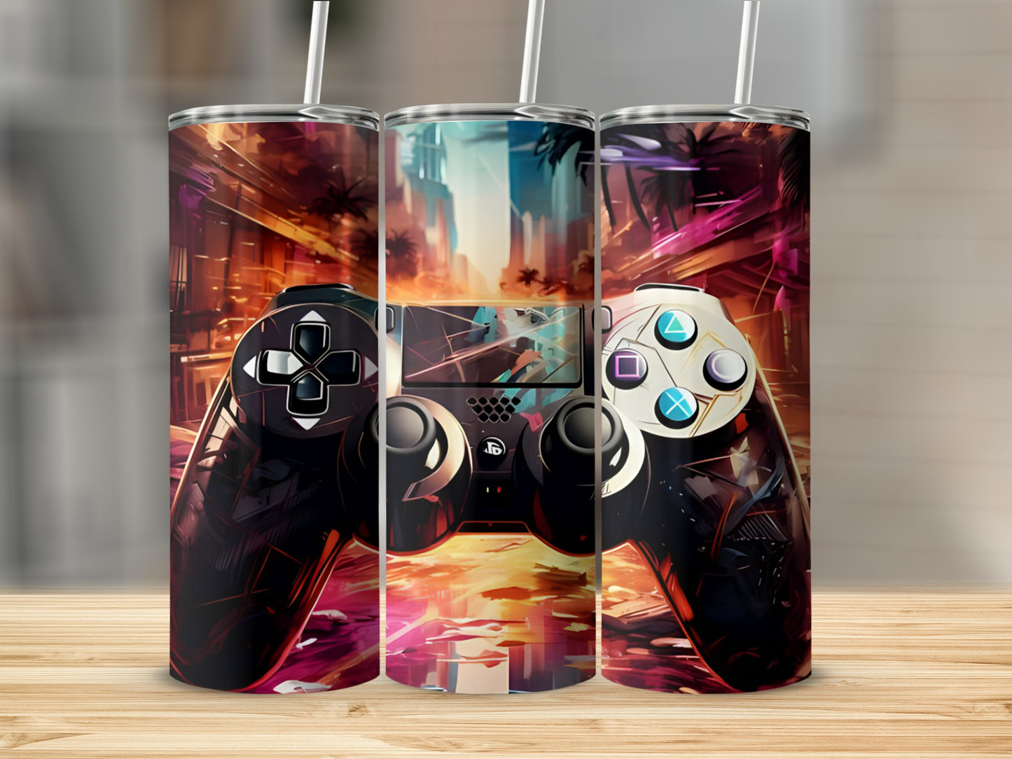 Gamer controller design with city lights on a tumbler.