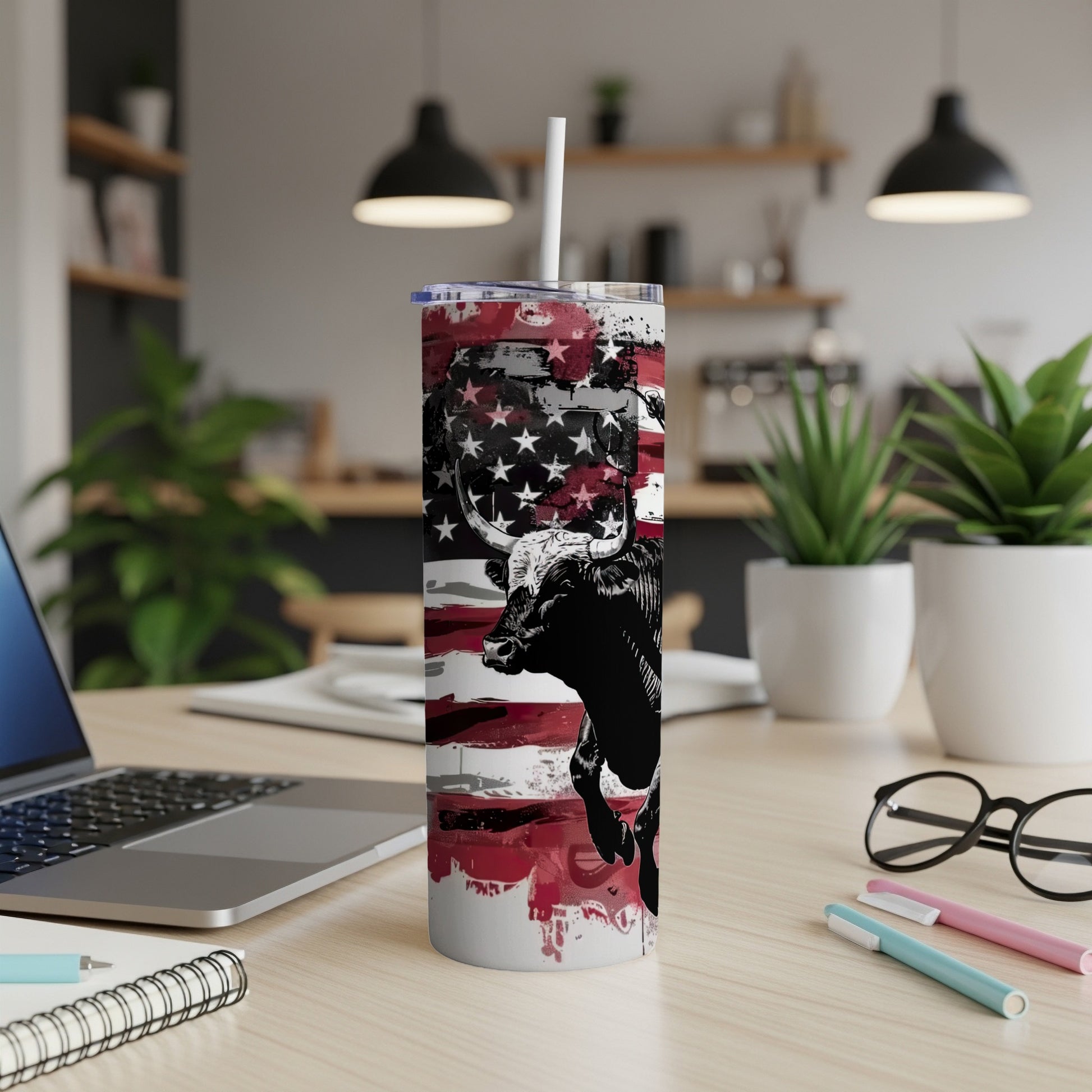 Tumbler with bull and American flag design.
